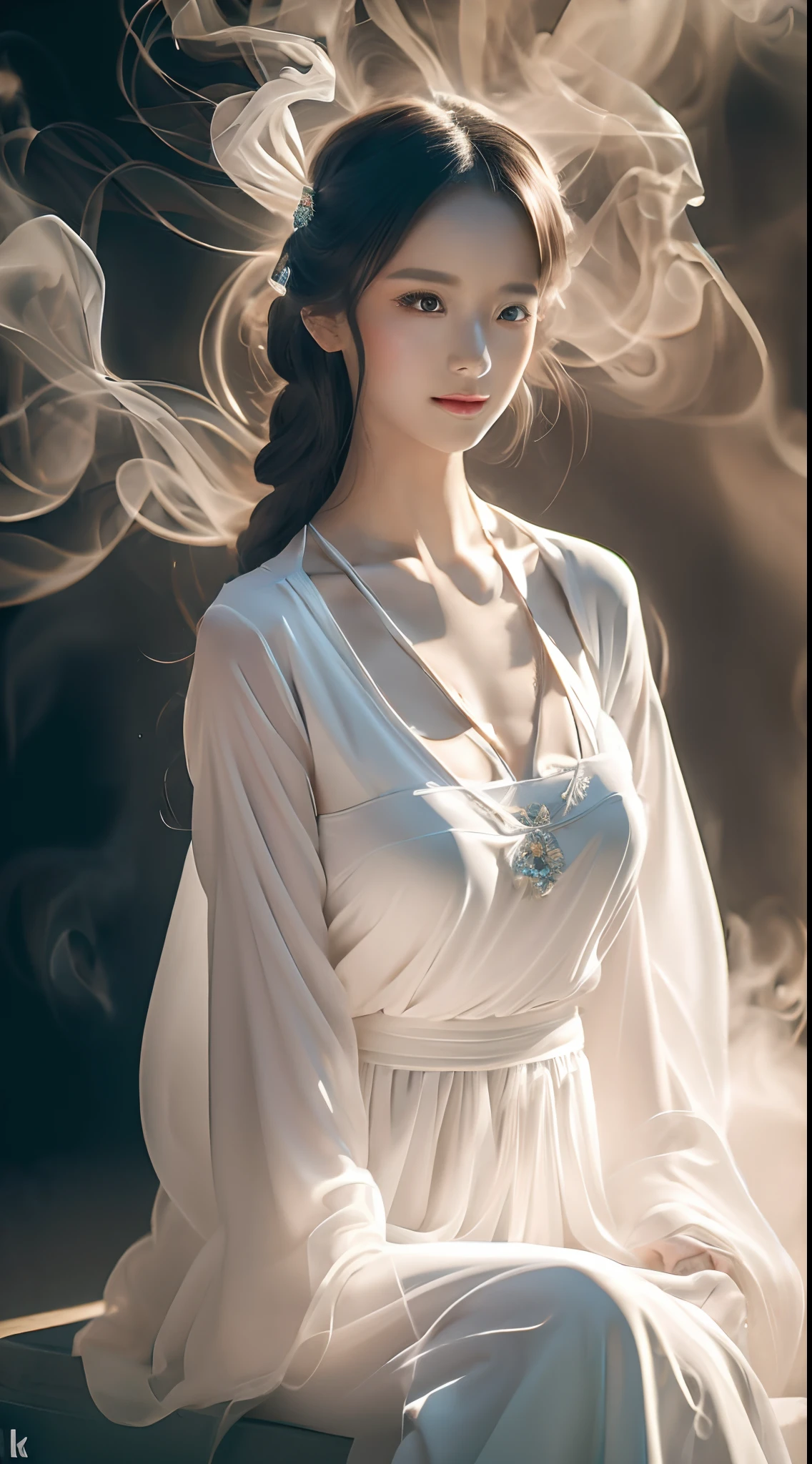 (Best quality,4K,8K,A high resolution,Masterpiece:1.2),Ultra-detailed,(Realistic,Photorealistic,photo-realistic:1.37),Gorgeous,Beautiful,Long golden hair, The goddess in a black and white dress sits on the steps, 浴室,Sexy girl,Illustration style：Kim Jong-ilmitsu, Japanese goddess, Yoshigaki, Amazing goddess, ethereal figure, mesmerizing eyes, Beautiful white costume, Bright sunlight, gleaming silver, Yoshitomo Nara, Fuzzy dragon-shaped smoke