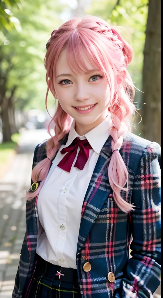 (ultra-detailliert), Tartan check jacket,high-school uniform、Blue eyes,The upper part of the body、a closeup、faces、(A smile:1.5),(facing front:1.2), 20yr old, teens girl,no tail,(no tail),2D, ​masterpiece, top-quality, animesque, A detailed eye, A detailed face, girl with, Only 1 person,Medium hair with pink hair, (Pink hair),  Ear Hair, small tits, Single braid, (Single braid), (Side braid), Pink ribbon, Ribbon around the neck, Background bokeh