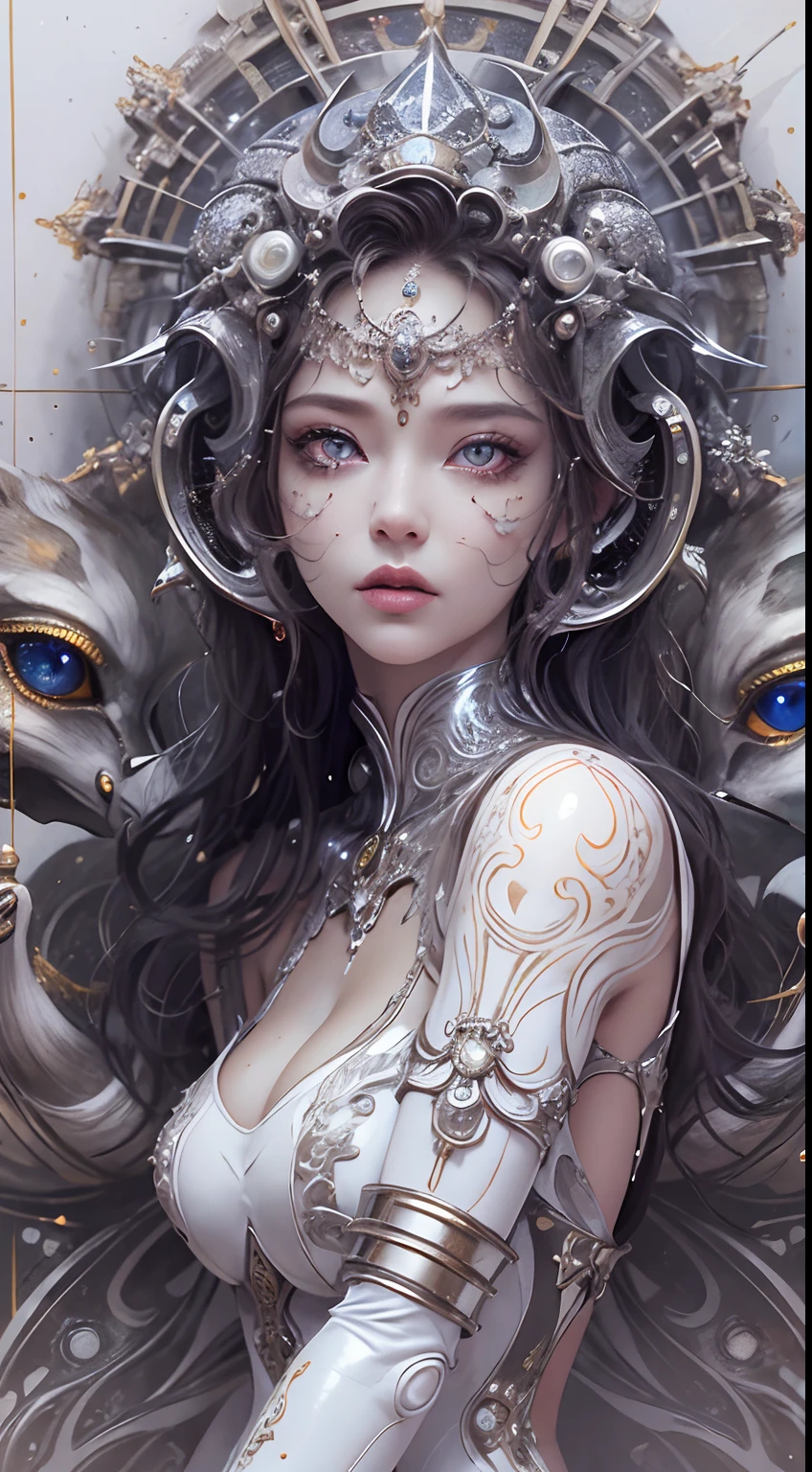 Full body like,Nine-headed body proportions,(best qualtiy,ultra - detailed,Most Best Illustration,Best shadow,tmasterpiece,A high resolution,professionalartwork,famousartwork),Detailed eyes,beautidful eyes,closeup cleavage,sci-fy,colored sclera,Robot eyes,face markings,Tattooed with,(fractalized,Fractal eyes),largeeyes,Wide eyes,(Eye focus),sface focus,Cosmic eyes,Space eyes,Close-up of metal sculpture of a woman with a moon in her hair,goddes。extremly high detail,3 d goddess portrait,Extremely detailed footage of the goddess,a stunning portrait of a goddess,Side image of the goddess,portrait of a beautiful goddess,Full body close-up portrait of the goddess,hecate goddess,portrait of a norse moon goddess,goddess of space and time,(RAW photo:1.2),camel-toe,Hollow-out on,sweat leggs,White liquid, Smooth pink skin, shiny metallic glossy skin, Shiny, spread their legs M-shaped legs,angry look,sullenness,Irritated,white liquid all over body,Full body like