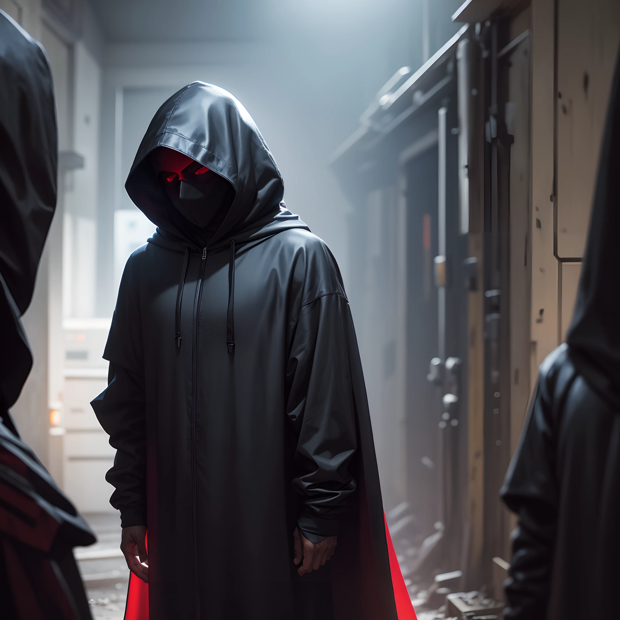 Arafeld man standing in the dark in a hood, and bright red, Faceless blacks, shrouded figure, Mysterious Man, shrouded figure, wearing a dark hood, Dark hood figure, creating an ominous presence, Black cover hidden in shadows, Hood and shadow that cover the face, Wearing a black sweatshirt, Hooded surreal characters, Masked man walking, Hooded dress