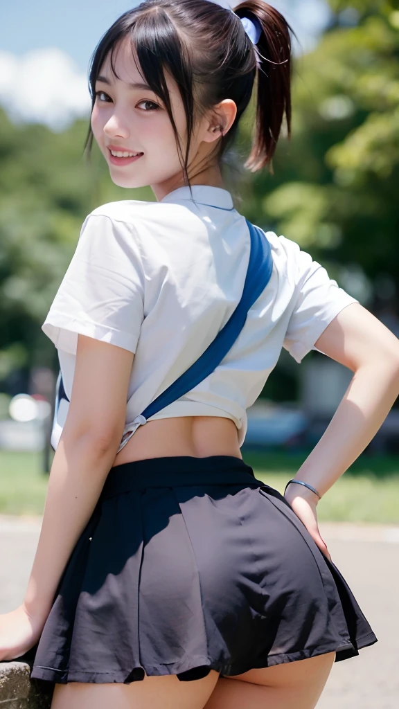 (BEST QUALITY, MASTER PIECE, ULTRA HIGH RESOLUTION, (PHOTOREALISTIC:1.4), RAW PHOTO), 1girl, -yeld, (urned ass, beautiful and small buttocks), (amazingly Cute face, very cute smile, Black hair),wearing poro shirts and pleated mini  skirt,  sunny Outdoors, Stand and pose romantically