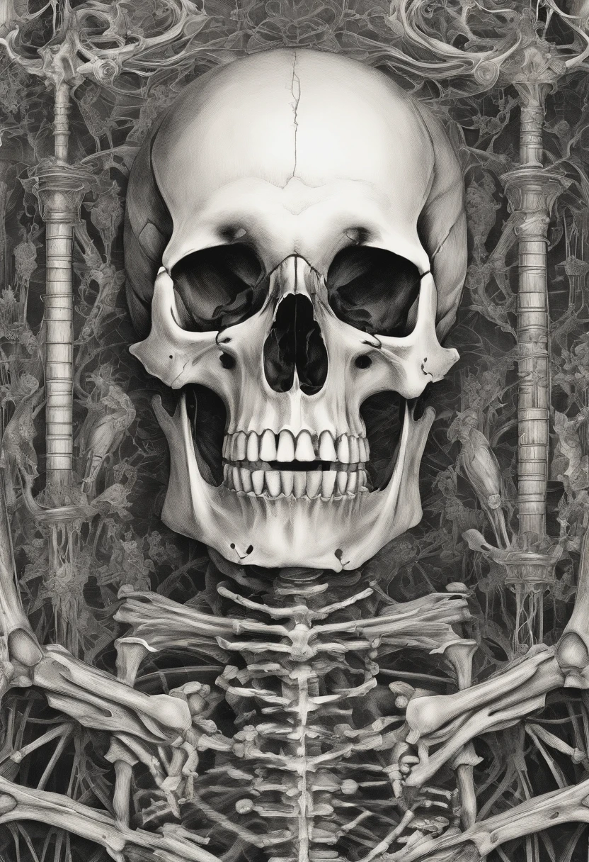 (best quality,highres,ultra-detailed,photorealistic:1.2),intricately detailed skeleton,extremely detailed skull,exquisite bone structure,elaborate ribcage,detailed spinal cord,glimmering effects,dynamic and vibrant artwork,showcasing intricate textures,highlighting fine details,artistic renderings of anatomy,expertly crafted illustrations of bones and joints,impressive display of skeletal system,striking visual representations of skeletal structure,polished and refined artwork,full range of shades and highlights,impressive depth and dimension,realistic and lifelike portrayal,impressive mastery of artistic technique,impressive artistry and craftsmanship,meticulous attention to detail,beautifully realistic depictions of bone composition,precise and accurate anatomical proportions,exquisite display of bone artistry,impressive juxtaposition of realism and creativity,enhanced visual effects,vivid and vibrant colors,dynamic lighting effects,dramatic highlights and shadows,artistic interpretation of skeletal movement,expertly executed dynamic poses,impressive display of anatomical knowledge and artistic skill,meticulous representation of bone texture and surface,realistic portrayal of intricate bone structures,expressive and lifelike interpretation of skeletal form,attention to authentic bone detail and structure,beautifully rendered skeleton art,alluring and captivating skeletal visuals.