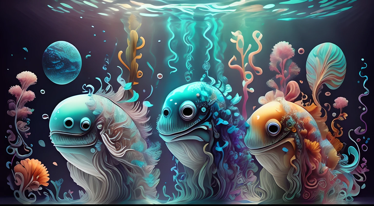 Arte en movimiento,medusas bioluminiscentes flotando en la profundidad del oceano, llevadas por la corriente. Colores fluidos, translucidos , fosforescentes, de colores brillantes, colores radiantes, psicodelicos,iluminan el entorno oscuro con su fosforescencia, sensacion de movimientos fluidos , arremolinados, movimiento de los tentaculos de acuerdo al arte de los fluidos en movimiento,obra maestra, Beautiful psychedelic entropy