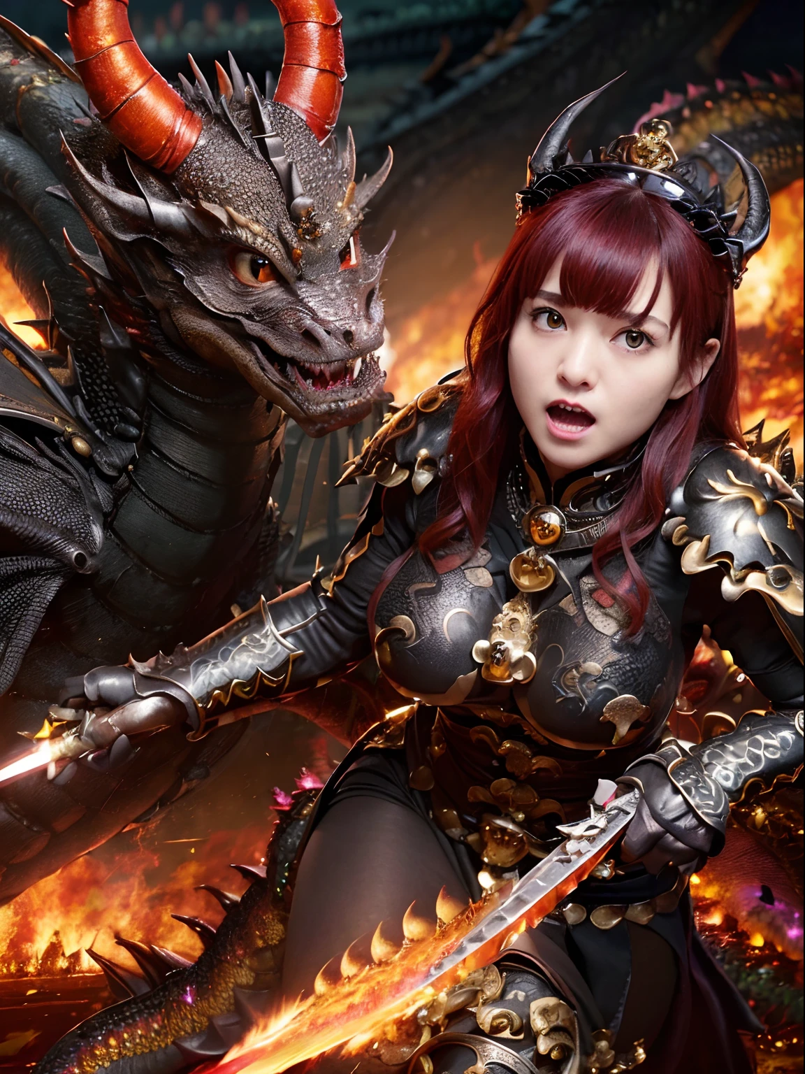 (masutepiece), Professional , ​masterpiece、top-quality、photos realistic , depth of fields 、（Dragon Black Metal Body:1.９),(Matte Blue Black、（cleavage of the breast）、Dragon Gold Weapon（Dragon Metal Body:1.４),Gorgeous gold weapons ,（（ Dragon's dense and gorgeous sword）） , （demonic wings）   ,warhammer 40k , adepta sororitas,Detail and gorgeous crown、（（Red hair））、（Castle background）、（（Gangle's forest background））、Beautiful Caucasian beauty、１a person、dynamic ungle,(((Detailed and ornate Black Dragon Crown)))、Smaller head、A smile、Castle background、Thin and beautiful female hands、cleavage of the breast、Soldier in iron armor on background、Mystical expression、Light Effects、intense fighting、Wind-effect、magic circles、With the legendary magic wand、Dragon's tail、