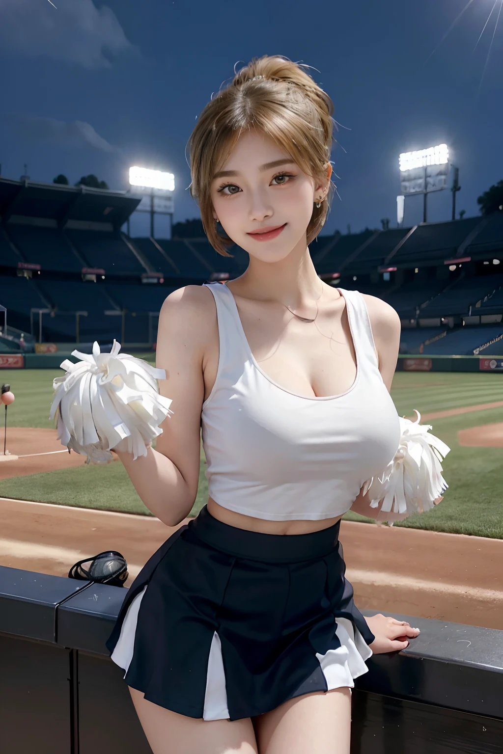 17 year old cool Korean, Large, round breasts, split, cheerleader, baseball team cheerleader, skirt, beautiful eye details, eyelash, beautiful double eyelids, eye shadow, narrow eyes, Perfect eye makeup, seduct smile, beautiful thin legs, bright blonde, Bob Carter, ponytail, Various hairstyles, earrings, stand at the baseball stadium at night, night，Show breasts，exposing her chest，Show breasts，Show breasts，exposing her chest，huge 