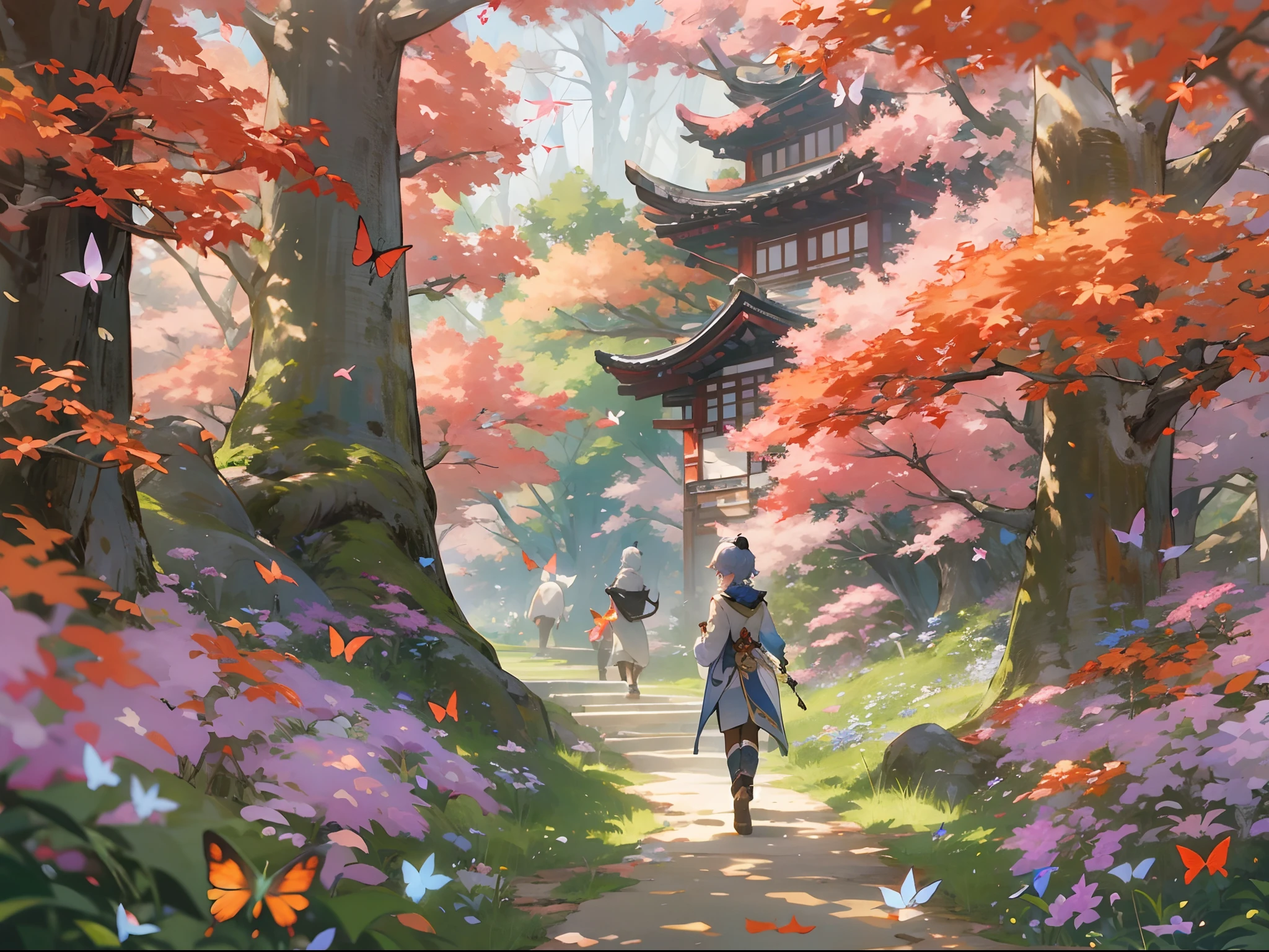 Genshin Impact, ganyu walking in forest, maple trees, butterflies, beautiful day, flowers, elegant and beautiful highly detailed scenery