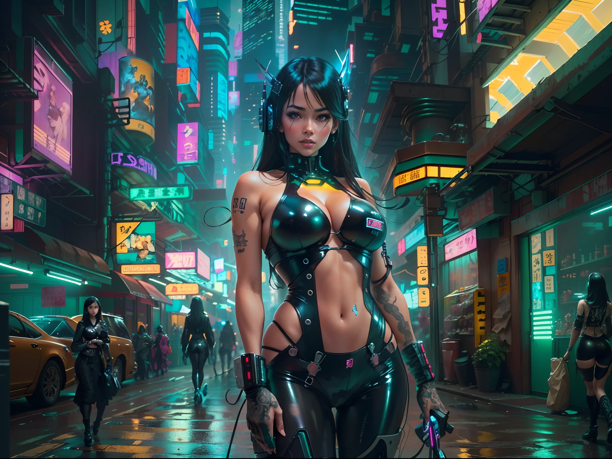 (Beautiful Asian identical twin cyberpunk girls (holding each other)), cowboy shot, ((ultra detailed neon cyberpunk futuristic city )), black long shapeless hair, detailed and intricate ((cyberpunk city streets background)), featuring high-tech holographic projections and sleek architecture, art by (((Syd Mead, Masamune Shirow))), (highly detailed photo realistic), sharp focus, ultra high quality, vibrant, (big breasts:1.7), shiny latex is black, latex stockings, long shapeless hair, (shiny skin:1.4), shiny lips, (symmetrical detailed face:1.7), toned, sexy, masterpiece, (cinematic lighting).