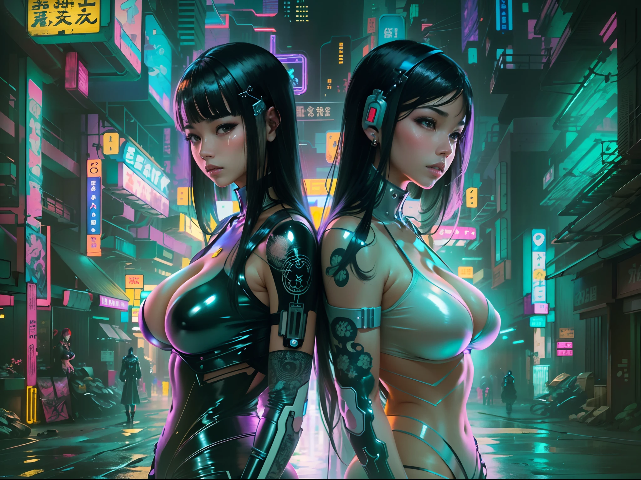 (Beautiful Asian identical twin cyberpunk girls (holding each other)), cowboy shot, ((ultra detailed neon cyberpunk futuristic city )), black long shapeless hair, detailed and intricate ((cyberpunk city streets background)), featuring high-tech holographic projections and sleek architecture, art by (((Syd Mead, Masamune Shirow))), (highly detailed photo realistic), sharp focus, ultra high quality, vibrant, (big breasts:1.7), shiny latex is black, latex stockings, long shapeless hair, (shiny skin:1.4), shiny lips, (symmetrical detailed face:1.7), toned, sexy, masterpiece, (cinematic lighting).