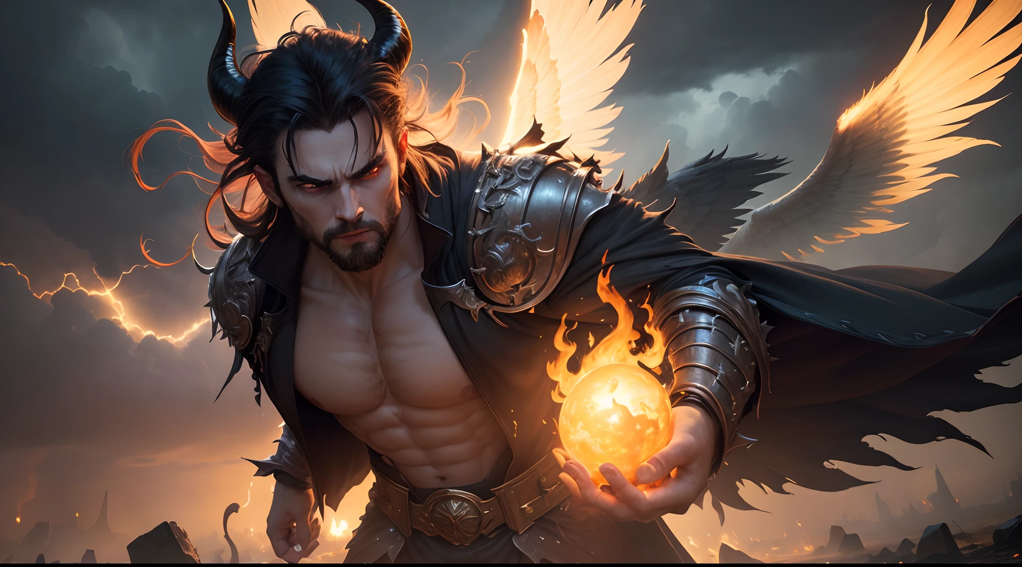 (best quality,4k,8k,highres,masterpiece:1.2),ultra-detailed,(realistic,photorealistic,photo-realistic:1.37),dark,ominous,cinematic,falling,
devil,Satan,demonic,creature,gigantic wings,powerful,masculine,strong physique,twisted horns,piercing red eyes,intense gaze,fierce expression,
angel,male,falling from heaven,vibrant golden halo,glowing ethereal wings,flowing robe,serene face,calm expression,nobility,courage,divine power,
thunderstorm,rain,stormy clouds,dramatic lighting,burning flames,smoke,destruction,wreckage,apocalyptic,vivid colors,contrast,shadows,contrast,
epic,dynamic,motion blur,forceful,majestic,energy,chaotic,transcendent,mysterious,ominous presence,divine confrontation,judgment day,clash of good and evil