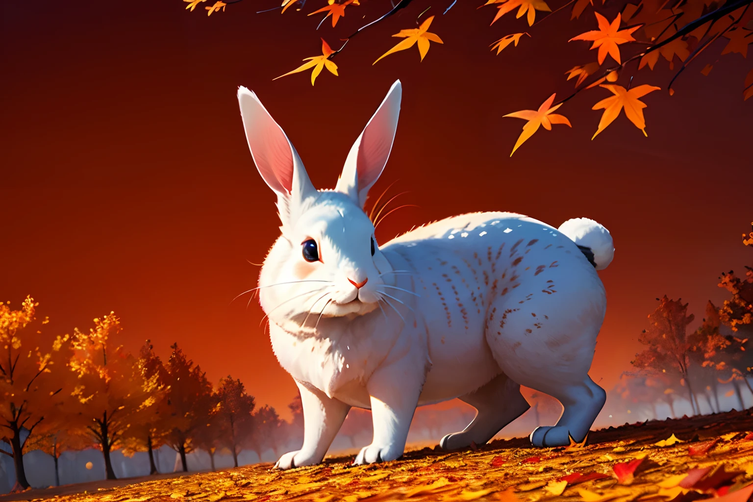 rabbit, stunning autumn landscape with vibrant red and orange leaves, captured in the highest quality and unmatched beauty. depicting the essence of autumn in all its glory. unparalleled elegance, crisp clarity that is unmatched, design a visually captivating image, every detail captured glow, radiance shining through every pixel. mysterious ambient lighting, fountain pen sketch of gel ink painting addition black-light paint, no trace of imperfections, impeccable quality, perfection, crisp clarity that is unmatched,