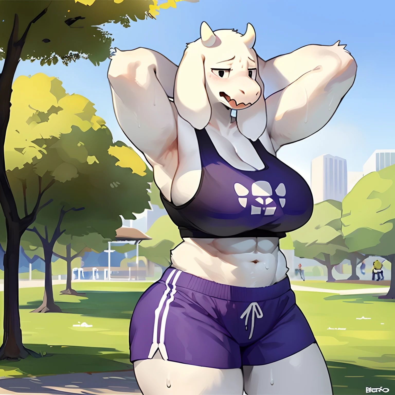 (((female))), ((big breasts, huge breasts, covered nipples, abs, strong arms, thick thighs, hourglass figure, thicc, white hair, white skin, shorts, short shorts, purple shorts, booty shorts, sports bra, tank top, crop top)), ((standing, hands behind head, exhausted expression, sweating)), (((by bebebebebe, high quality, solo))), (((Toriel, undertale, goat, snout))), ((simple background, park background))