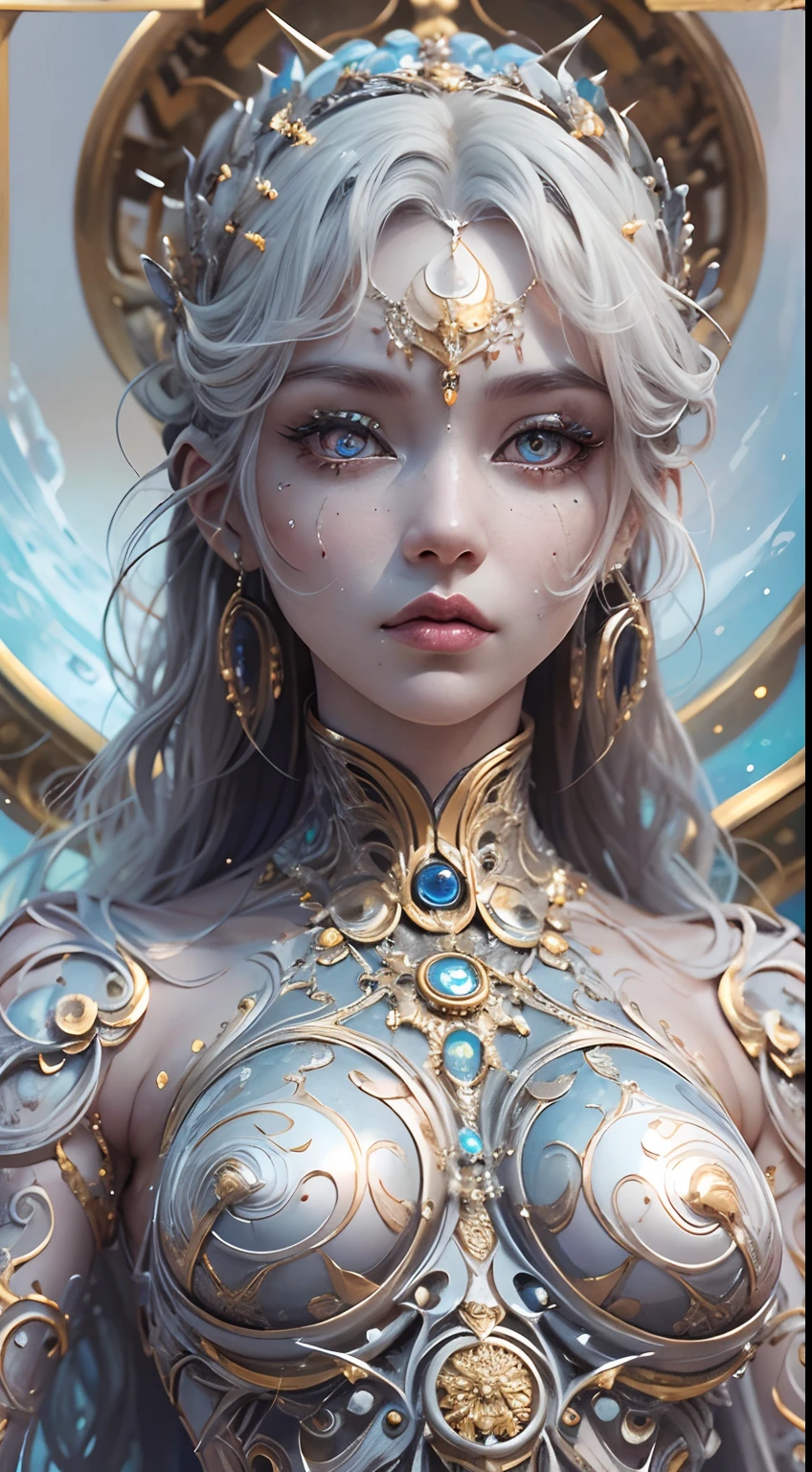 Full body like，（best qualtiy，ultra - detailed，Most Best Illustration，Best shadow，tmasterpiece，A high resolution，professionalartwork，famousartwork），Detailed eyes，beautidful eyes，closeup cleavage，sci-fy，colored sclera，Robot eyes，face markings，Tattooed with，（fractalized，Fractal eyes），largeeyes，Wide eyes，（Eye focus），sface focus，Cosmic eyes，Space eyes，Close-up of metal sculpture of a woman with a moon in her hair，goddes。extremly high detail，3 d goddess portrait，Extremely detailed footage of the goddess，a stunning portrait of a goddess，Side image of the goddess，portrait of a beautiful goddess，Full body close-up portrait of the goddess，hecate goddess，portrait of a norse moon goddess，goddess of space and time，(RAW photo:1.2)，camel-toe，Hollow-out on，sweat leggs，White liquid， Smooth pink skin, shiny metallic glossy skin, Shiny, 　spread their legs　M-shaped legs，angry look，sullenness，Irritated，white liquid all over body，Full body like