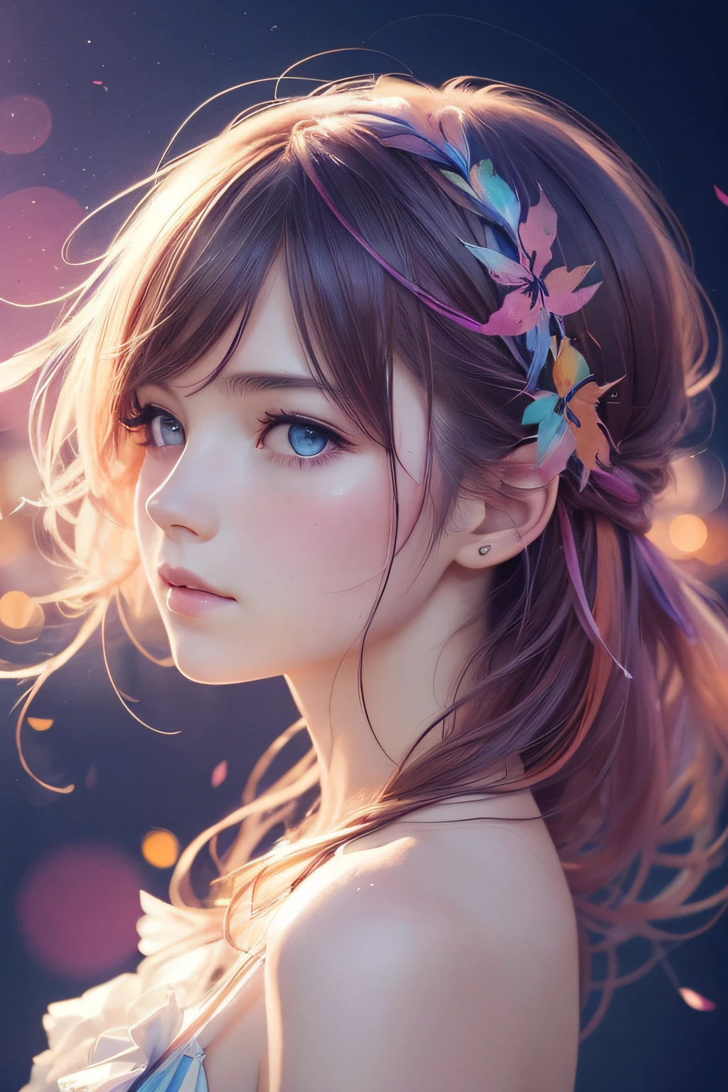 (8K, Best Quality, masutepiece:1.2),(Best Quality:1.0), (超A high resolution:1.0), watercolor paiting, Beautuful Women, Shoulder, Hair ribbons, agnes cecile, Half Body Portrait, extremely luminous bright design, Pastel colors, (inky:1.3), autumn lights,