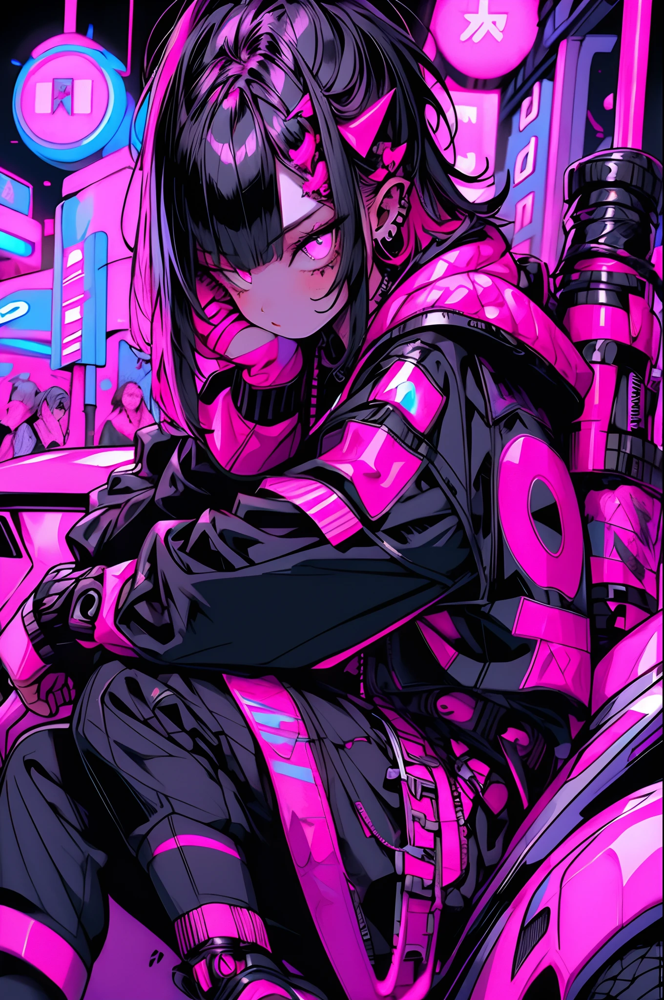 girl,short  skirt，full bodyesbian，Barefoot， Pink Long Hair, Cool black open short jacket, Tattooed with, Messy faded haircut, Crazy, Sit Pose, Futuristic neon night street background,Airs