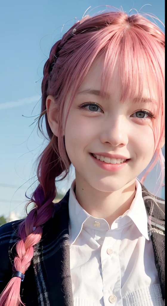 (ultra-detailliert), Tartan check jacket,high-school uniform、Blue eyes,The upper part of the body、a closeup、faces、(A smile:1.5),(facing front:1.2), 20yr old, teens girl,no tail,(no tail),2D, masterpiece, top-quality, animesque, A detailed eye, A detailed face, girl with, Only 1 person,Medium hair with pink hair, (Pink hair), Ear Hair, small tits, Single braid, (Single braid), (Side braid), Pink ribbon, Ribbon around the neck, Background bokeh