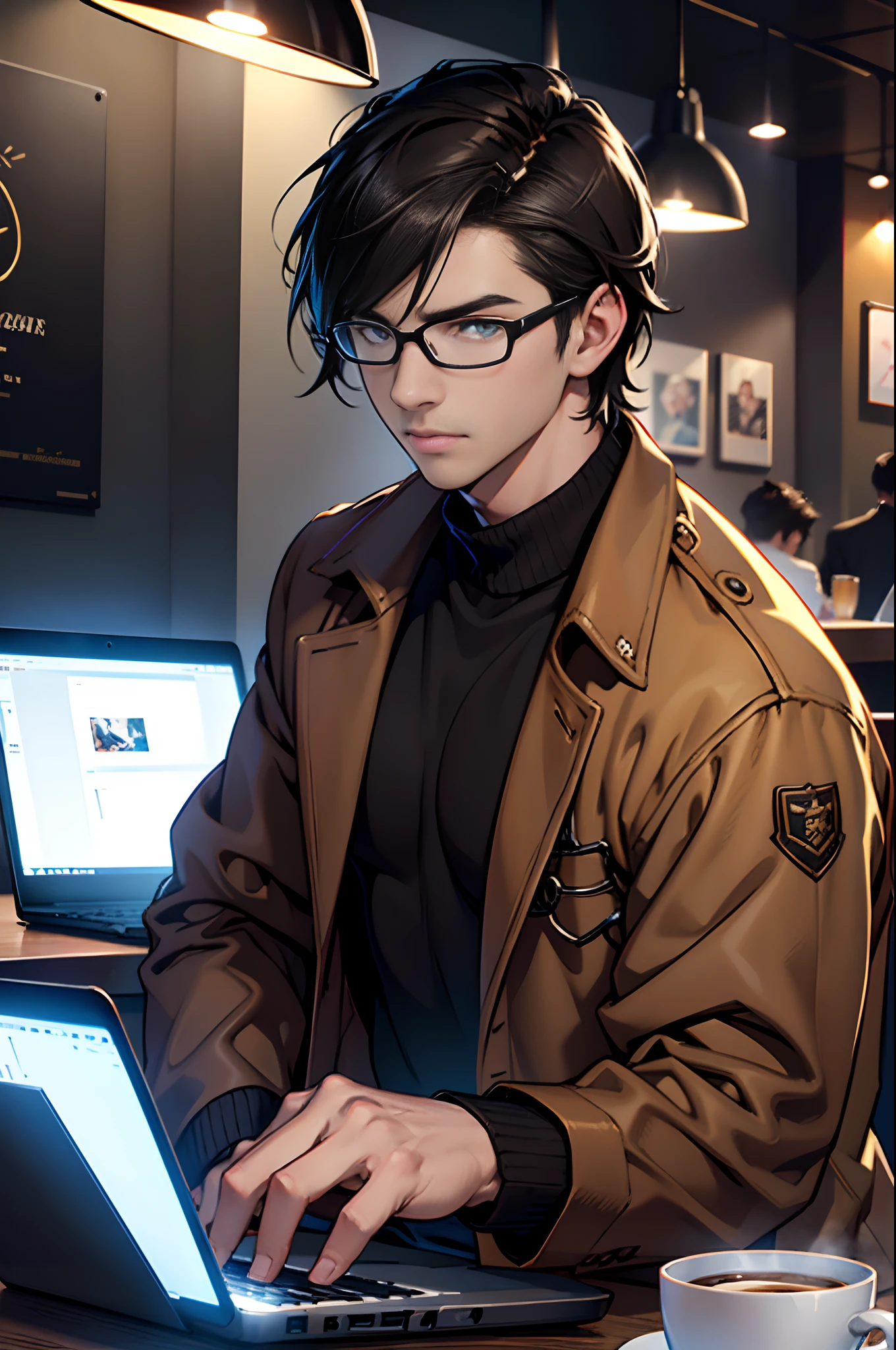 (tmasterpiece, high resolution, ultra - detailed:1.0), (1 boy, Young male), Eyes looking at the camera, Perfect male body, Extremely detailed CG, 8K wallpaper, Complicated details, solo person, Detailed face,(Black hair, Brown coat,brown sweater, White shirt, Glasses, Sit in front of your laptop, Cafe background.), color difference, Depth of field, dramatic shadow, Ray tracing, Best quality, Cinematic lighting, offcial art