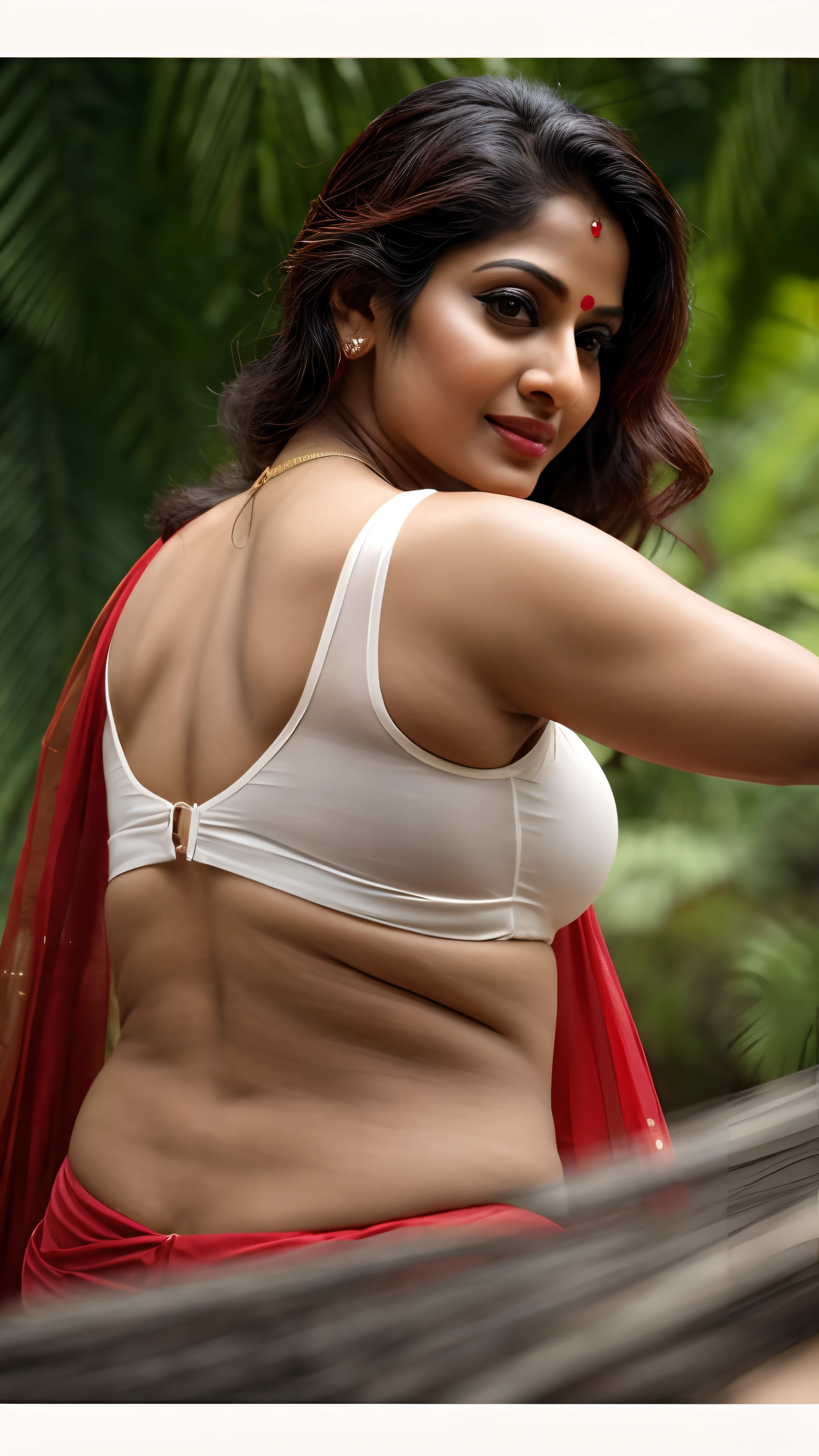 Side view, showing her back, erotic, Photographic recreation shoot Inspired from art by mohanan manimala, sensual pleasure, best quality, sleeveless blouse, off shoulder dress, queen of Lust, appealing physique, sultry woman, modern sleeveless blouse, her sensual & bold Avataar, extremely gorgeous and hot milf, modelshoot, profile photoshoot, mastershot, model photography, retouched, movie stills shoot, modelshoot Inspired by art of mohanan manimala, revealing clothes, her exposed charming figure, appealing physique, pale skin, Beautiful lady, extremely gorgeous woman, mallu traditional wear, party wear, summer party wear, designer saree, sexy woman, wedding party wear, hot sleeveless blouse, sexy designer dress, designer blouse, braless, hot party wear, spotless skin, designer sari, fashion saree, 45 years old, sexy sleeveless blouse, armpits exposing, modern Indian aunties, sexy Indian housewife, desi bhabhi hot, sexy giant woman like figure, seductive body, wearing palla, Indian traditional bandeau crop top bra, huge breast, milk tank, mallu woman, mallu actress, mallu aunty, mallu sari model, mallu actress, lusty, perfect thick body, fleshy figure, highly detailed, intricate, flawless, pheromones dropping figure, seductive expression, beautiful face, juicy figure, perfect face, perfect eyes, perfect fingers, round shaped face, curvy, mallu bhabhi, mallu wife, mallu woman, mallu Beauty, Kerala Beauty, Kerala aunty , Kerala wife, skin texture, hot, small hairs on armpits visible, unshaved underarm, armpit crease, captivating, lusty, charming, attractive figure, mature woman, Kerala model, Kerala actress, nails can be hidden, queen of Lust, High clarity eyes, gigantic figure , extremely seductive, extremely seductive dress, flawless picture,