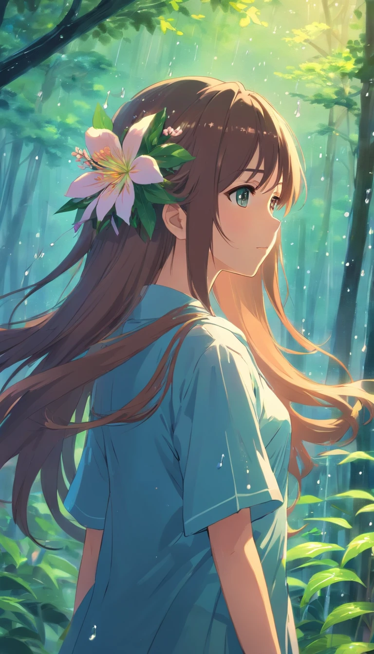 anime girl with long hair and flower in her hair, Beautiful anime artwork, style of anime4 K, Anime art wallpaper 4k,rainy days，janelas，the woods，rain drops