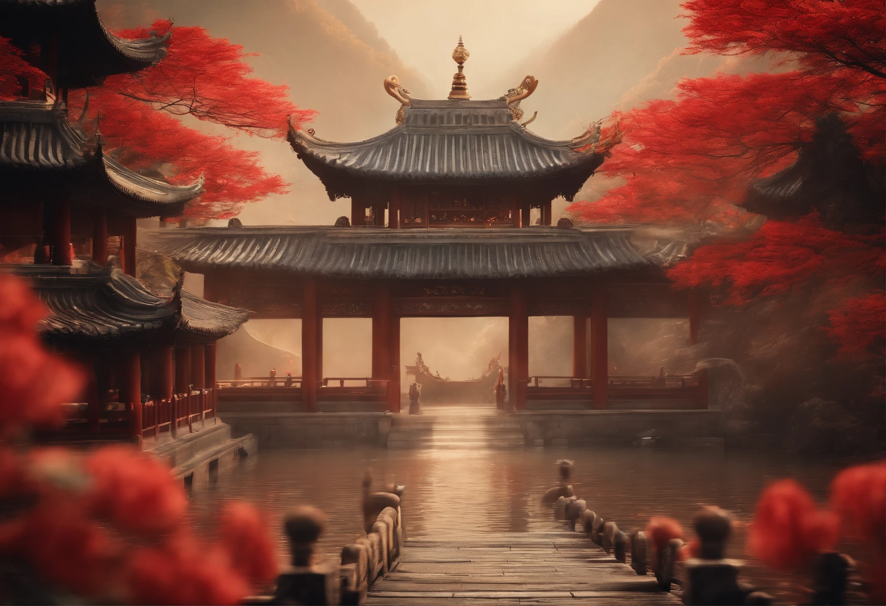 fenghuang，Flying Phoenix，chinesedragon，Dutch Golden Age painting, Fuji colors, Sparkle, Blurry, fading border, round corners, partial underwater shot, Masterpiece, Award-Awarded, A high resolution, 1080p, 8K,in a red dream world, A beautiful artwork illustration, There is a red poster，There are pictures of pagodas and flowers on it