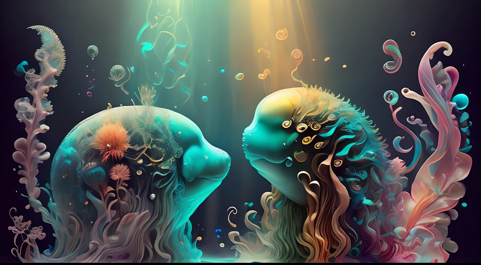 Arte en movimiento,medusas bioluminiscentes flotando en la profundidad del oceano, llevadas por la corriente. Colores fluidos, translucidos , fosforescentes, de colores brillantes, colores radiantes, psicodelicos,iluminan el entorno oscuro con su fosforescencia, sensacion de movimientos fluidos , arremolinados, movimiento de los tentaculos de acuerdo al arte de los fluidos en movimiento,obra maestra, Beautiful psychedelic entropy