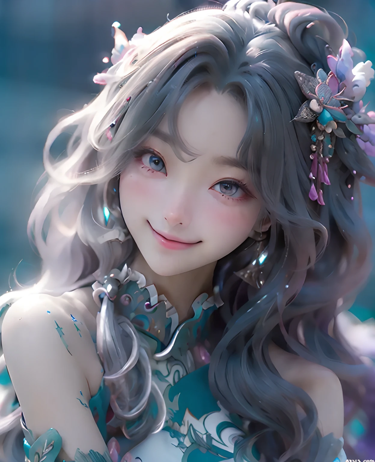 Dive into the depths of imagination with a stunning portrait of a cute flirting eyes and smiling sea nymph, adorned with shimmering scales and cascading locks of seaweed hair, highly detailed, HD resolution