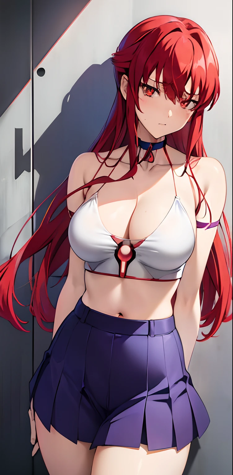 anime girl with red hair and blue skirt posing in front of a wall, gapmoe yandere, ( evangelion ), gapmoe yandere grimdark, from evangelion, neon genesis evangelion fanart, yandere, evangelion beast mode, asuka suit under clothes!, shirobako, yandere. tall, kurisu makise, makoto shinka