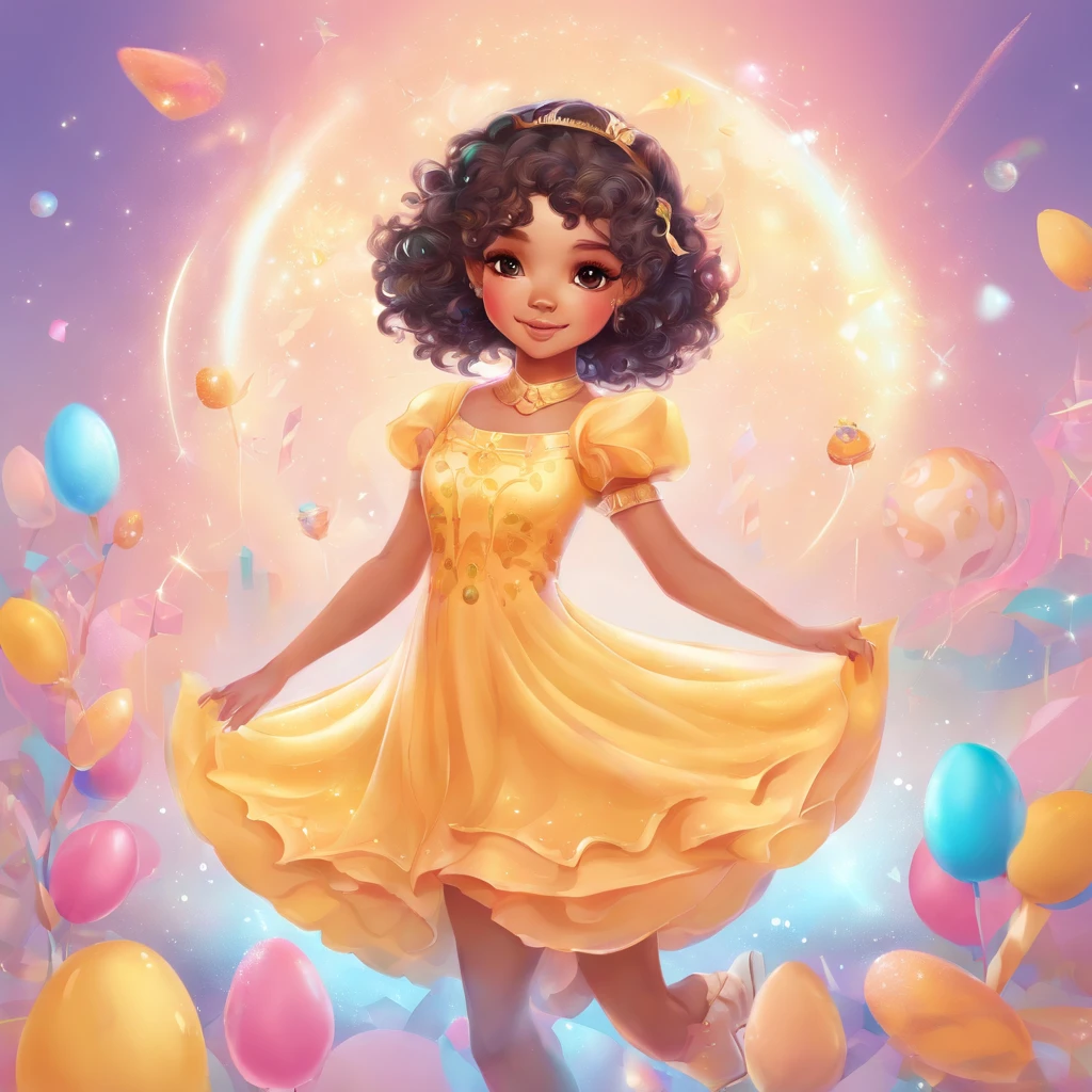 Cute, Chibi, Little baby girl, bright skin, Brown eyes, short black curly hair, Party dress in yellow pink and blue pastel color with candy design, White sneakers, Portrait, 3D Rendering, High quality, ( Plain background), (Perfect hands), (Full body), Female, 8K