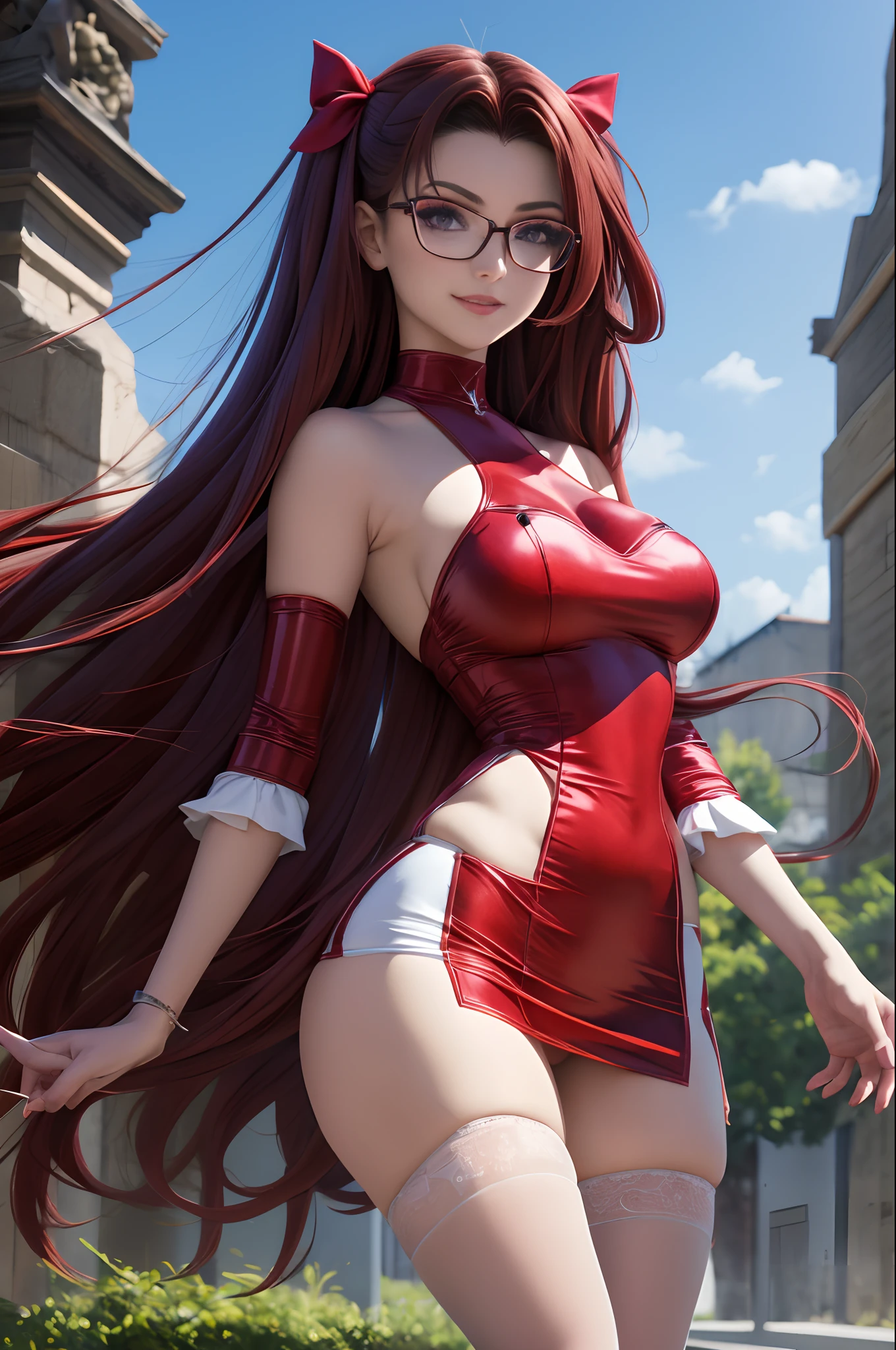 master part, 8K resolution, qualidade suprema, extraordinary creation, unparalleled craftsmanship, retrato de moda, luz e sombra reduzidas, 1girl , Tohsaka also., Olhando para o Viewer, Outside, coxas, glasses, minissaia, coxas finas, corar, sorriso sedutor