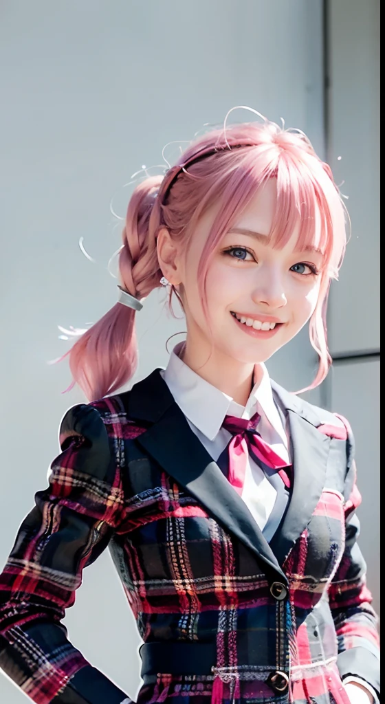 (ultra-detailliert), Tartan check jacket,high-school uniform、Blue eyes,The upper part of the body、a closeup、faces、(A smile:1.5),(facing front:1.2), 20yr old, teens girl,no tail,(no tail),2D, ​masterpiece, top-quality, animesque, A detailed eye, A detailed face, girl with, Only 1 person,Medium hair with pink hair, (Pink hair),  Ear Hair, small tits, Single braid, (Single braid), (Side braid), Pink ribbon, Ribbon around the neck, Background bokeh