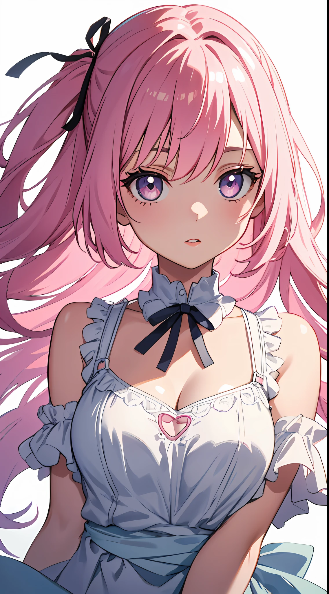 a little lovely kid girl,redish pink lips,Wearing a bright white shirt,Pastel palette aurora punk style,Anime illustration of her face,Animated GIFs,hand-drawn animation,Captivating sketch,Smooth and shiny,Hazy romanticism,Super Flat Style,White background -- ar 1:1--niji 5--style expressive--s 50,cleavage,(Large breasts,The shoulder straps slip off)