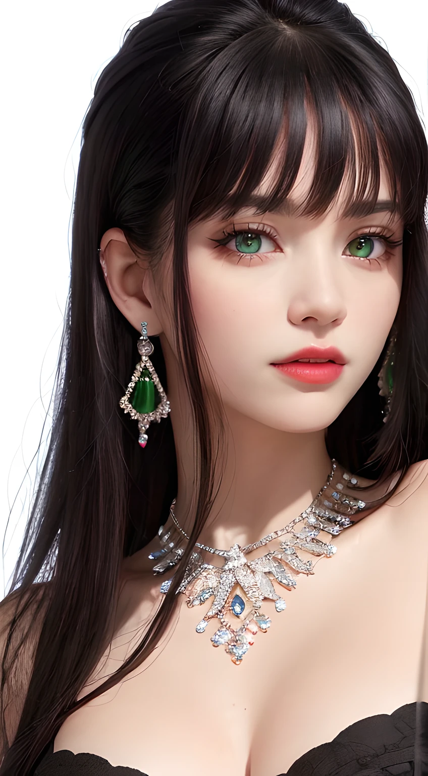 masterpiece,best quality,ultra-detailed,8K,detailed light,detailed shadow,RAW, (detailed skin),(realistic:1.2),
1girl, mature, adult, big brests, face, close up, detailed light, detailed shadow
pilyeon, jewelry, black long hair, looking at viewer, necklace, piercing, white background, heart, green eyes, nail polish, simple background, black hair, ear piercing, smile, eyelashes, red lips, flat bangs, bracelet, gem, earrings