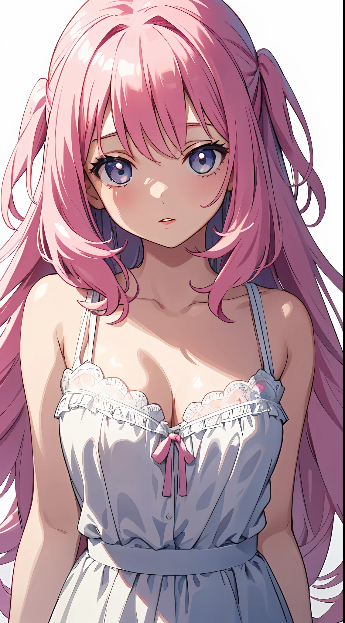 a little lovely ??? girl，redish pink lips，Wearing a bright white shirt，Pastel palette aurora punk style，Anime illustration of her face，Animated GIFs，hand-drawn animation，Captivating sketch，Smooth and shiny，Hazy romanticism，Super Flat Style,White background -- ar 1:1--niji 5--style expressive--s 50，cleavage，Large breasts，The shoulder straps slip off