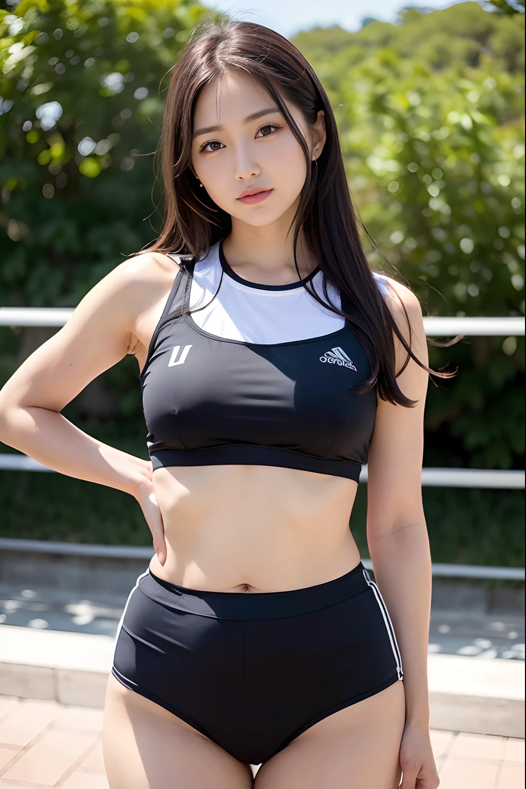 (tmasterpiece:1.3), (8k, Fotorrealista, Raw photography, Calidad de imagen superior: 1.4), Una chica japonesa、Standard body shape:1.3、pechos grandes y llenos、Enfatiza la entrepierna、(peinado aleatorio:1.2)、Una gran sonrisa、maikurobikini:1.2、Super Detail Face、Ojo de detalle、二重まぶた、Axilas Super Detalle、inclinarse hacia adelante,chest closer、foco nítido:1.2、beautiful woman:1.4、brown light hair、highest qualityr、tmasterpiece、超A high resolution、(Fotorrealista:1.4)、Very detailed and professional lighting、Antecedentes del patio de recreo.、Atletas de atletismo estiramiento、Crop top gris flaco、Pantalones cortos de carreras grises、se le marque la vagina