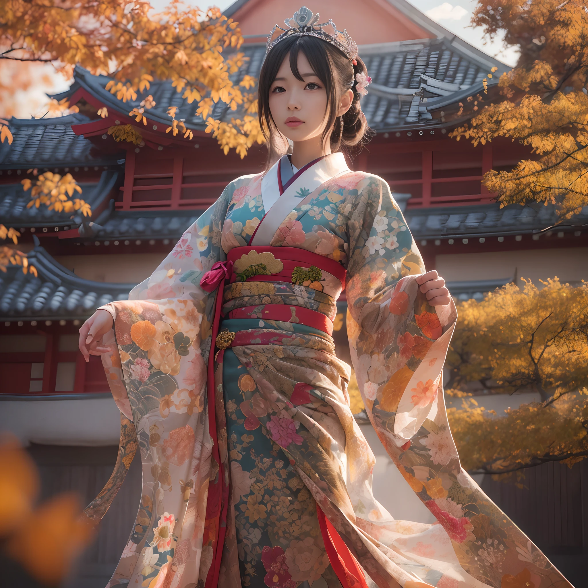 (((nffsw))), (((masutepiece))), (((8K))), (((hight resolution))), (((surrealism))), (((Cinematic lighting))), god rays, Zoom Layer, (((FULL BODYSHOT))), F/4.0, canon, Shiny skin,Detailed skin,Detailed face, Detailed eyes, Old princess of Japan, Autumn scenery with a sense of harmony, Old castle of Japan, Kimono like a sheer dress, Legs are exposed, Fantastic sight, Japan crown