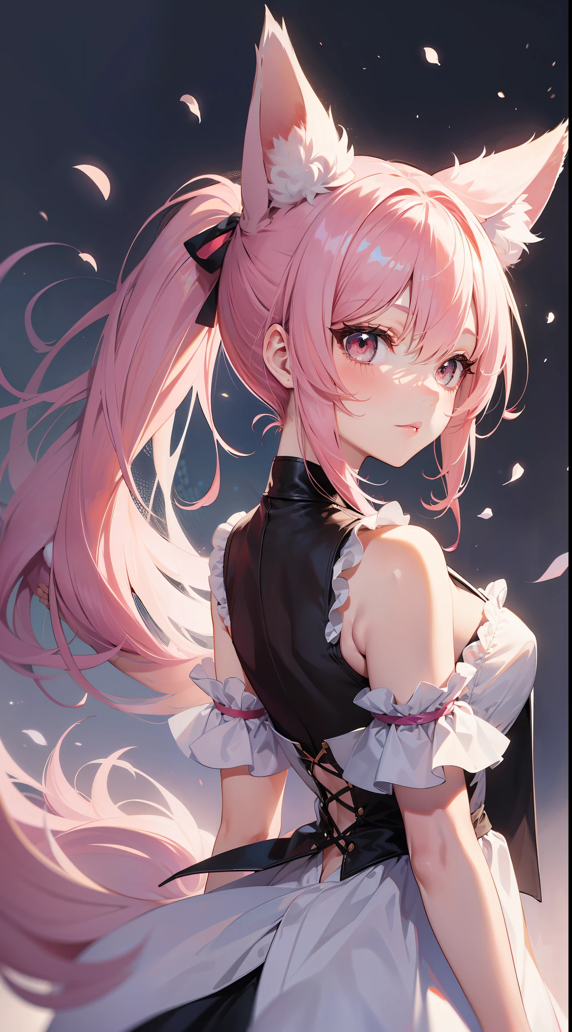 Adult woman, pink hair, low ponytail, white eyes, Fox ears, Foxtail, open dress, Masterpiece, hiquality