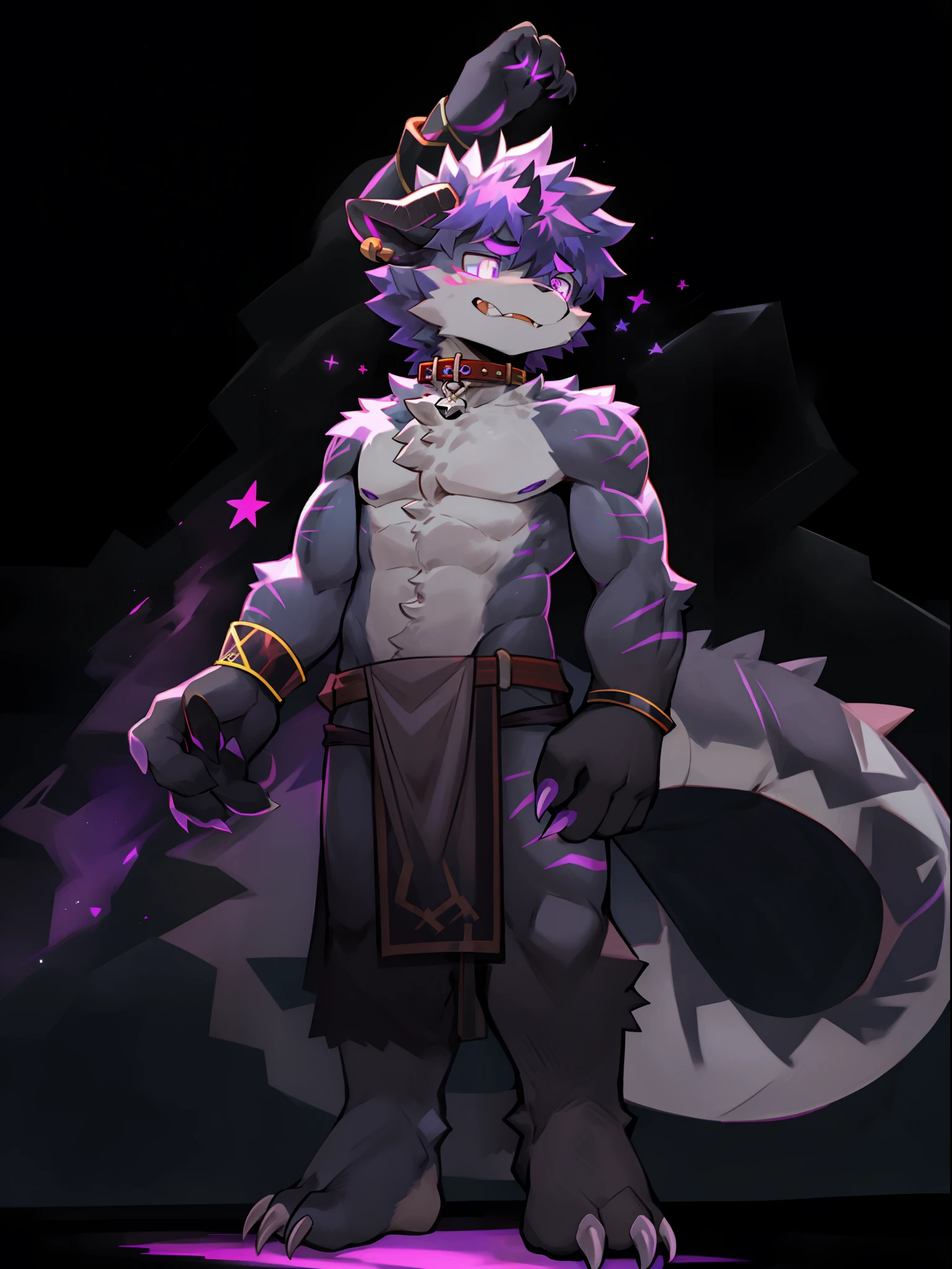 Animal, furry, kemono, femboy, male, fluff, purple fur, tuft of shoulders, thigts, skirt, anthro, solo focus, hearts, tatoo pubic, heaters, mostly clothed, belt, collar, tight pants, chibi,