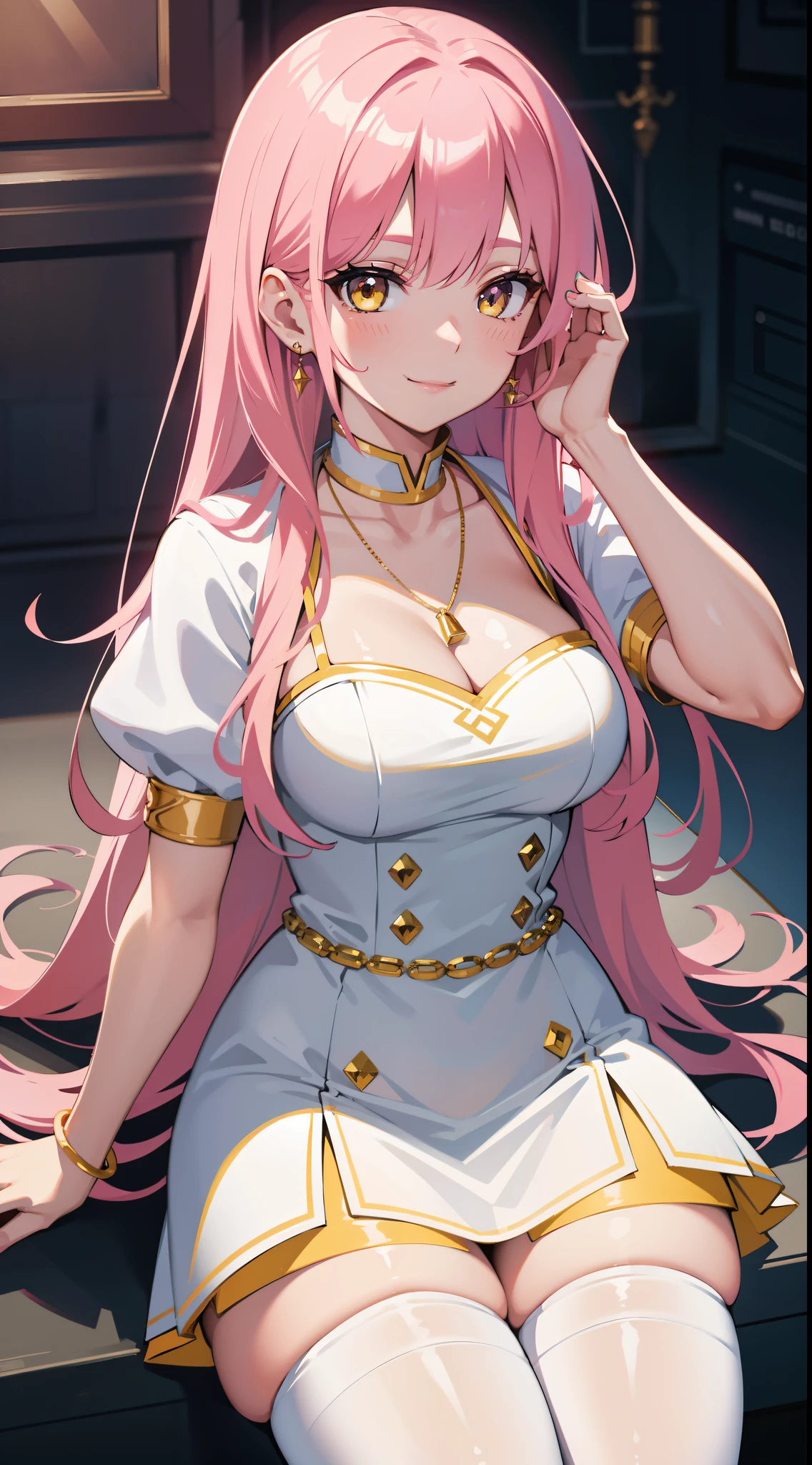 Ray tracing, Vibrant colors, Girl, Masterpiece, Sharp focus, Best quality, Depth of field, Cinematic lighting, detailed outfits, Perfect eyes, Rich in detail and texture, Pink hair, Yellow eyes, Long hair, White dress, Smile, Earrings, necklace, white thigh highs, Thick thighs, sitted