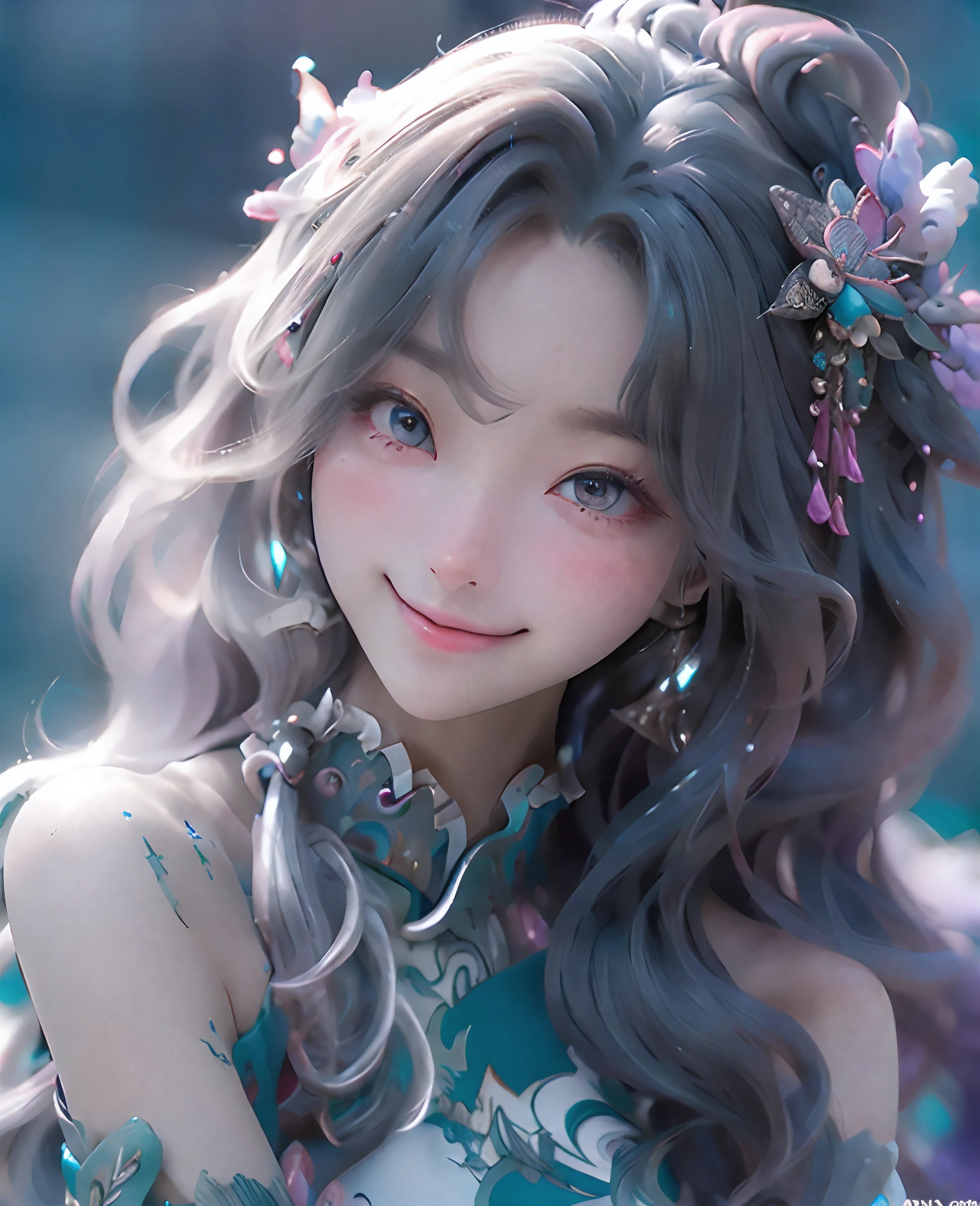 Dive into the depths of imagination with a stunning portrait of a cute flirting eyes and smiling sea nymph, adorned with shimmering scales and cascading locks of seaweed hair, highly detailed, HD resolution