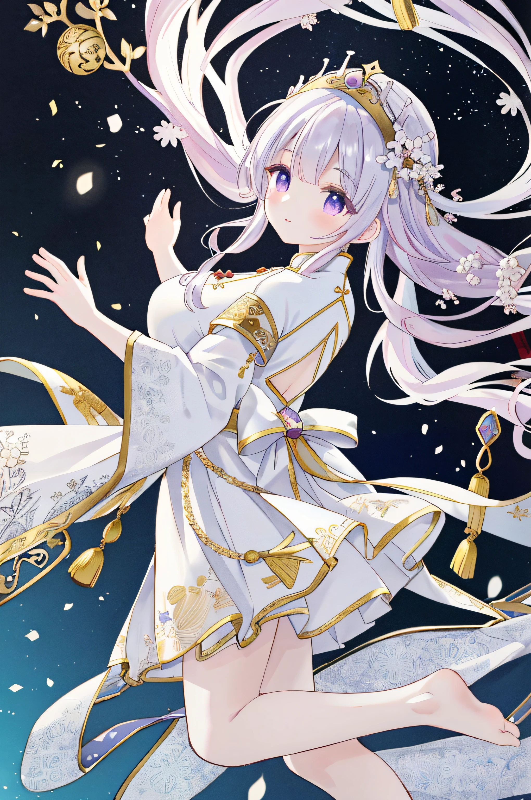 Best picture quality, Masterpiece level, 超高分辨率, 4K分辨率,Fantasy theme, Chinese immortals,faeries,Head close-up, Pale violet hair,Big background,Back,Plump breasts,long whitr hair,Cloud sideburns,big breasts beautiful,adolable,Barefoot,Snow-white feet,Foot details,solo person, out-of-door,snowfield, First-person perspective, Chinese tiara,Chinese emperor,Get detailed interior lighting and movie lighting, Add detailed overall ambient light, Facial and eye details, Hand detail,sharp and clear focus, Bright eyes,, Sony Master Lens