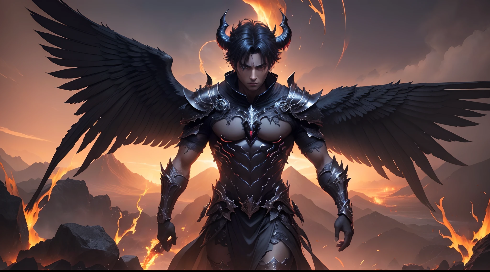 (best quality,4k,highres,masterpiece:1.2),detailed male demon angel with wings (black,dark),intense angelic male face,beautiful detailed male angel wings,fiery glowing eyes,detailed demon horns,gorgeous angelic armor, epic battle scene, contrasting light and shadow, dynamic poses, powerful energy beams, epic landscape, dark apocalyptic sky, intense fiery colors, dramatic lighting