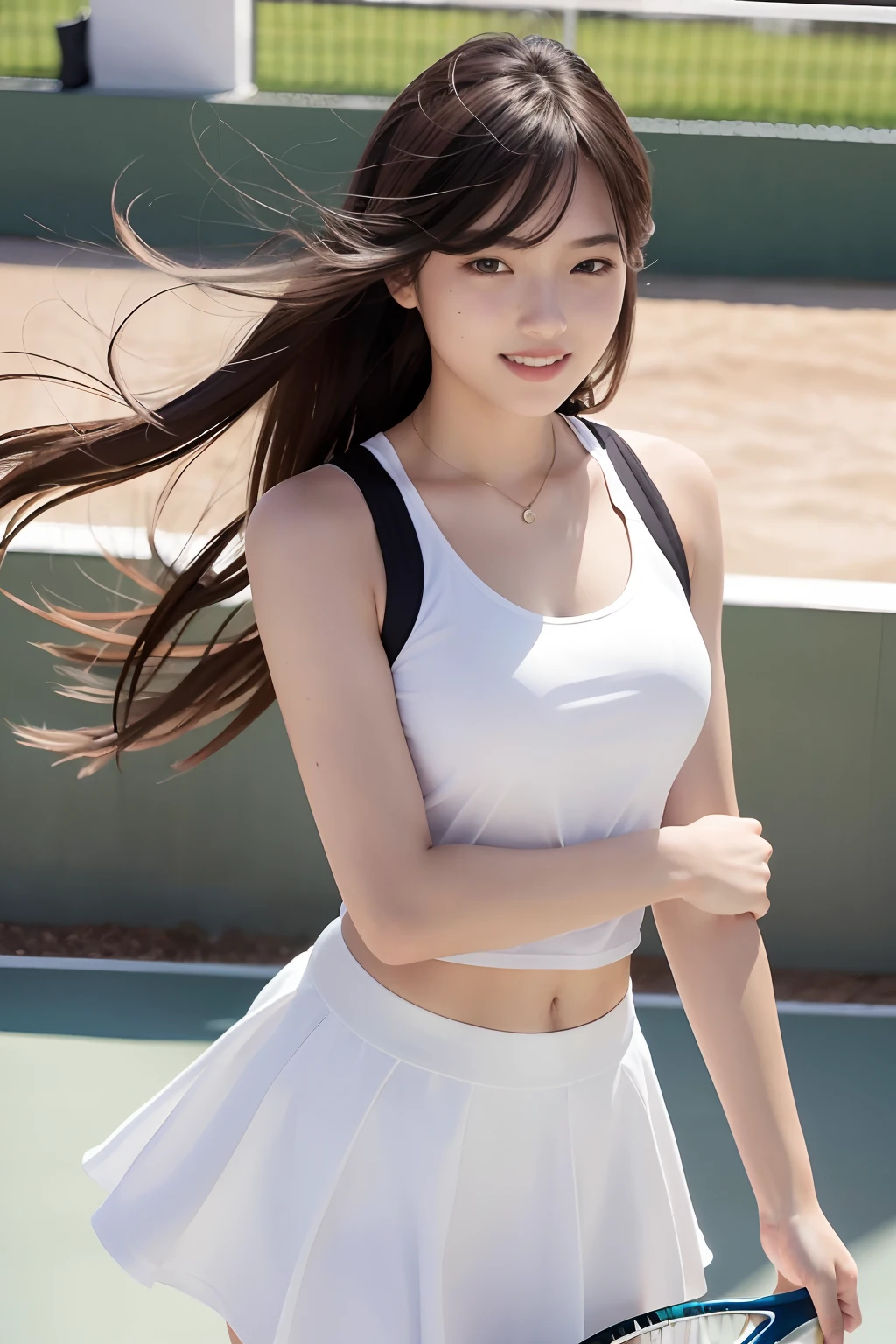 (8K, Best Quality, Masterpiece: 1.2), (Realistic, Photorealistic: 1.37), Super Detail, 1 Girl, 20 years old, Big, Beauty, Cute, Smile, Solo, Tennis Wear, Mini Skirt, Tennis Court, (Nose), (Smile: 1.15), (With Mouth Closed), Beautiful Eyes, (Long Hair: 1.2), Floating Hair Novafrog Style, Upper body