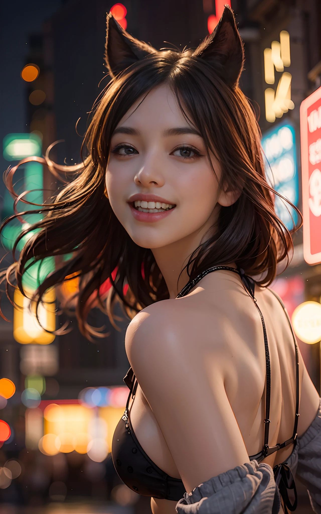 8k, top-quality, (pubic hair beauty)、hight resolution, realisticlying, realperson, Red Light District at Night、There are many signboards、The light on the sign is dazzling、Dancing in different poses on stage、The best smile、Fun and smiling、One young and beautiful girl、Reveal madness、I'm having sex and feeling、maikurobikini、high-heels