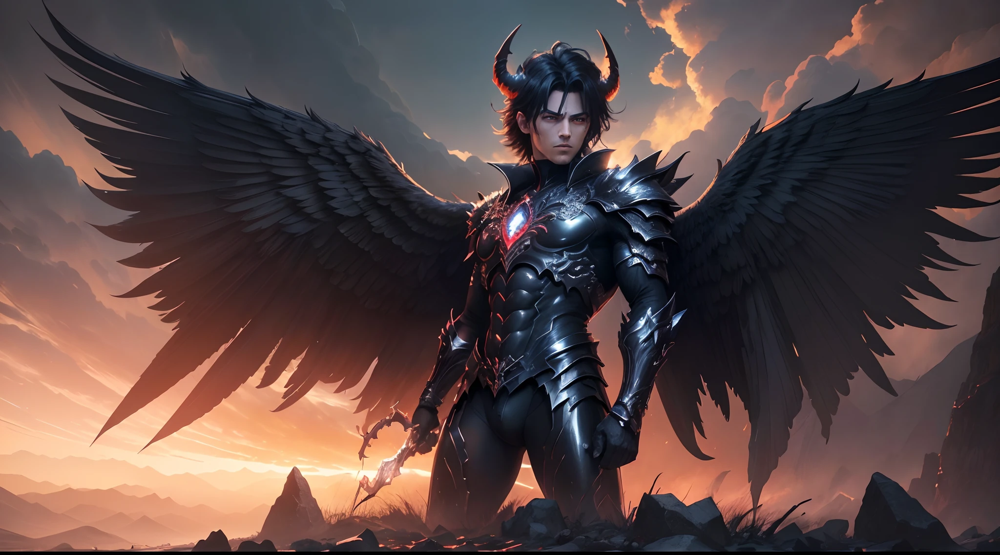 (best quality,4k,highres,masterpiece:1.2),detailed male demon angel with wings (black,dark),intense angelic male face,beautiful detailed male angel wings,fiery glowing eyes,detailed demon horns,gorgeous angelic armor, epic battle scene, contrasting light and shadow, dynamic poses, powerful energy beams, epic landscape, dark apocalyptic sky, intense fiery colors, dramatic lighting