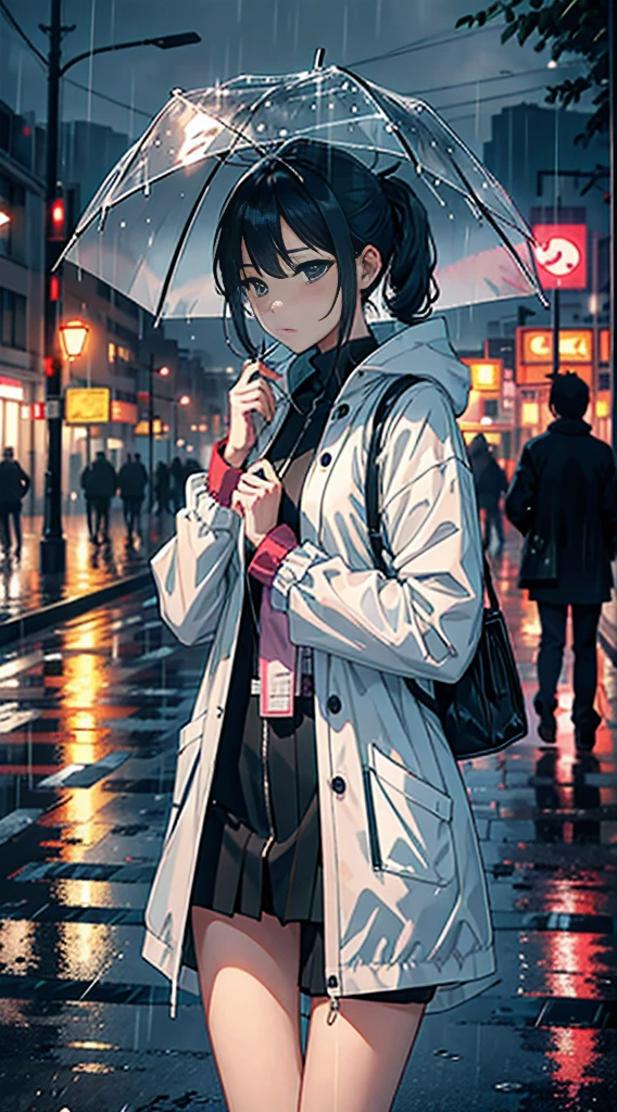 Rain poured down,The wind is cold。The heroine is wearing a raincoat,Handheld medicine box,With feelings of concern,Resolutely braved the rain to reach his destination。