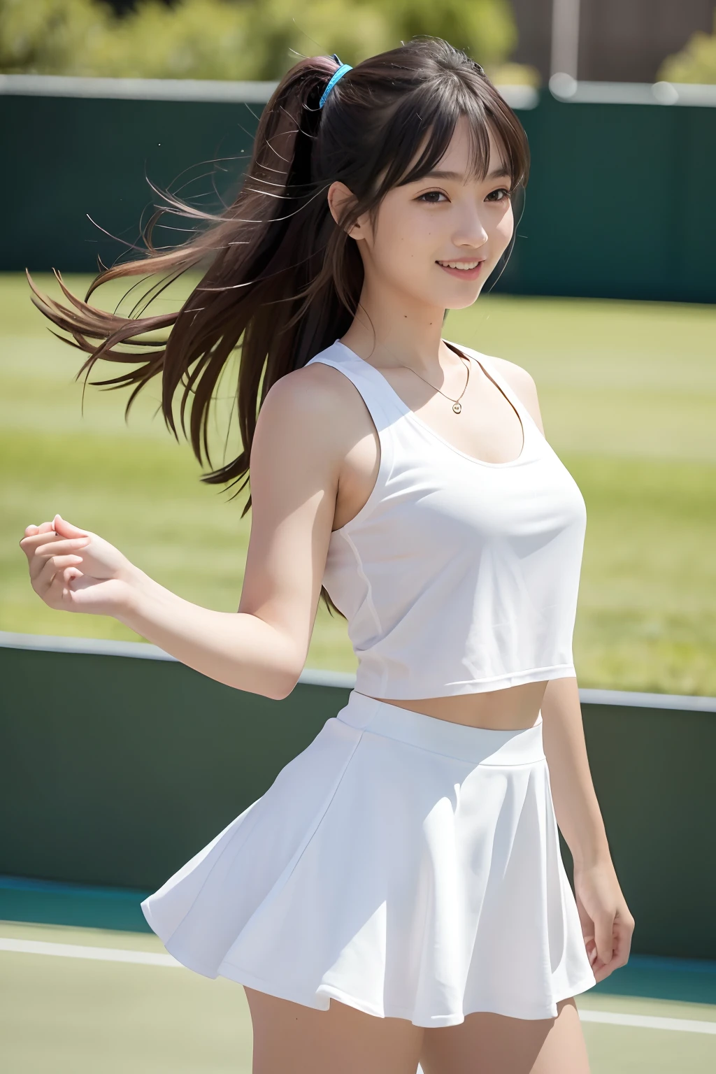 (8K, Best Quality, Masterpiece: 1.2), (Realistic, Photorealistic: 1.37), Super Detail, 1 Girl, 20 years old, Big, Beauty, Cute, Smile, Solo, Tennis Wear, Mini Skirt, Tennis Court, Racket, Tennis Ball, (Redness of the Nose), (Smile: 1.15), (Mouth Closed), Beautiful Eyes, (Long Hair: 1.2), Floating Hair Novafrog style, upper body