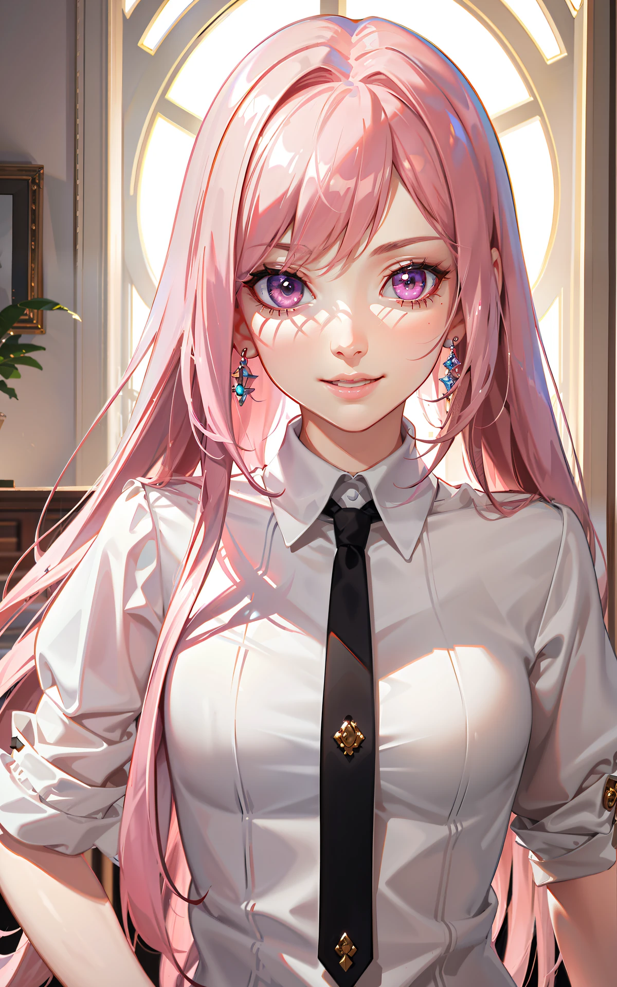 (masterpiece, finely detailed beautiful eyes: 1.2), (long pink hair:1.2), (pink eyes color:1.1),  straight hair, (white shirt:1.2), black mini leather skirt, realistic lighting, beautiful lighting, raytracing, photorealistic, (hyperrealistic:1.2), highres, 4k, 8k, (extremely detailed CG, 8k wallpaper:1.1), extremely detailed, sharp, digital illustration, detailed, realism, beautiful face, highly detailed face, ultra-realistic, masterpiece, detailed eyes, hyper-detailed, volumetric lighting, realistic shadows, intricate details, small details, cheerful, smile