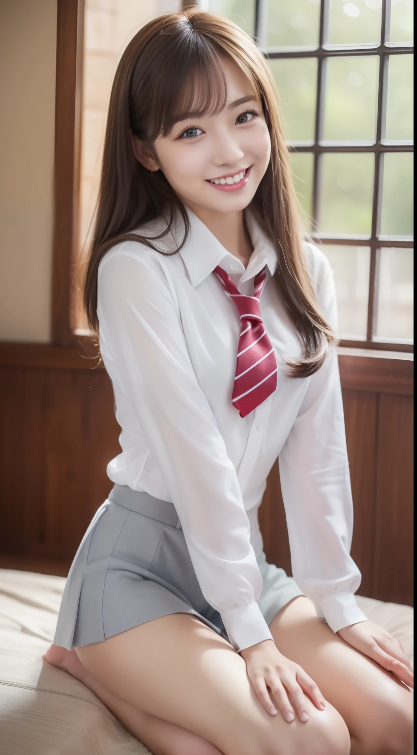 Cute smile、Miniskirt in high school girl uniform、Open your legs、（Sit with your knees upright:1.4）、（Pose to show off your best thighs and panties:1.5）、Burnt skin:1.5、Absolute area、wetting hair、rainfall、woman model、A Japanese Lady、LE SSERAFIM、(8K、RAW Photos、top-quality、​masterpiece:1.2)、(realisitic、Photorealsitic:1.37)、ultra-detailliert、超A high resolution、夏天
