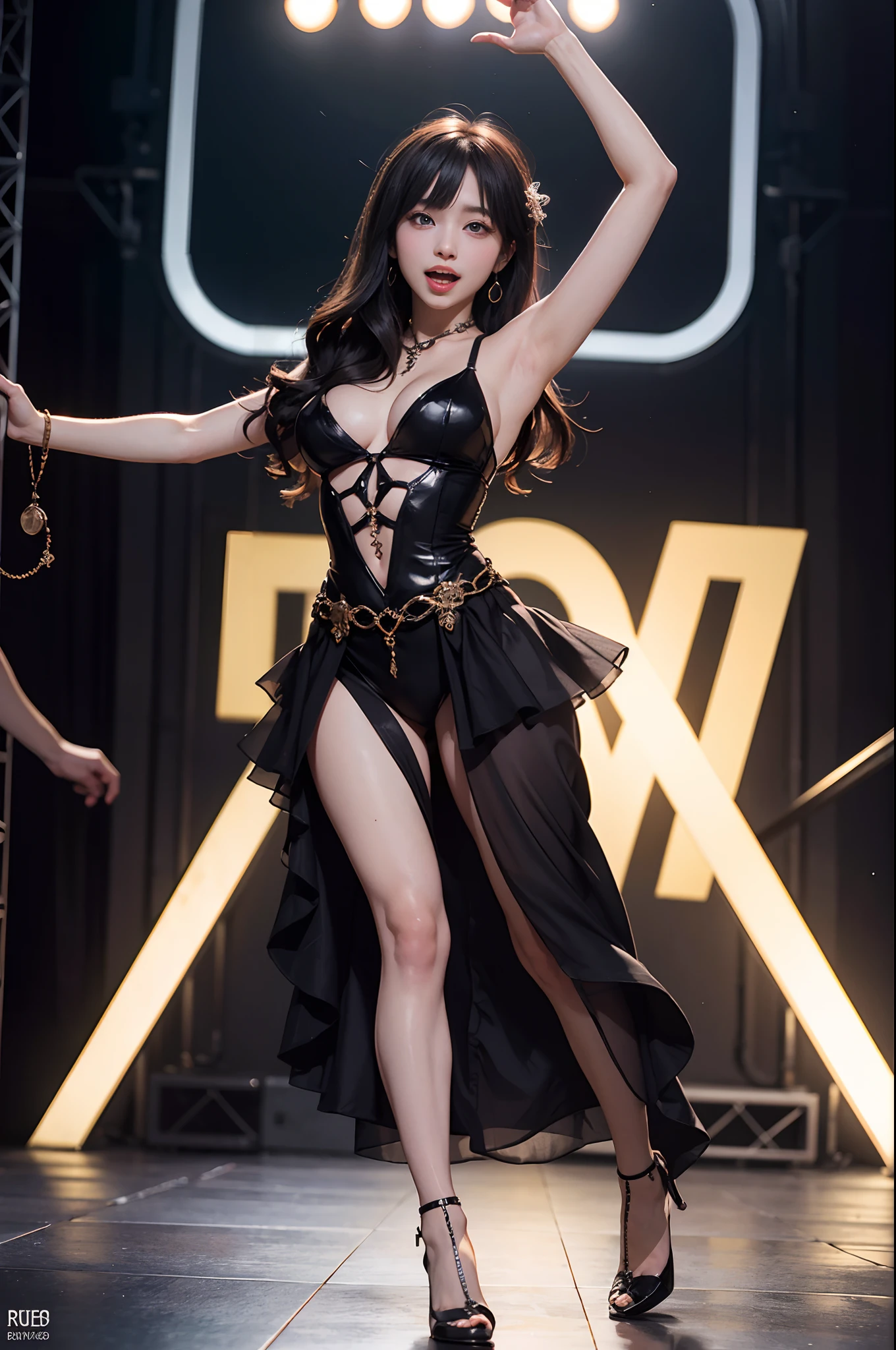 8K, top-quality, (Pubic hair beauty)、hight resolution, realisticlying, realperson, Red Light District at Night、There are many signboards、The light on the sign is dazzling、Dance in different poses on stage、The best smile、Fun and smiles、One young and beautiful girl、Colossal tits、Beautiful waist constriction、Neru、Reveal madness、Inviting eyes、Have sex and scream、high-heels