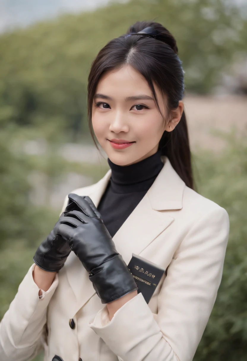lack leather gloves in both hands, blazer and ribbon uniform, black hair ponytail, upper body, conversation with a smile with a black smartphone, cute Japanese girl (black leather gloves covering both hands) traveling alone