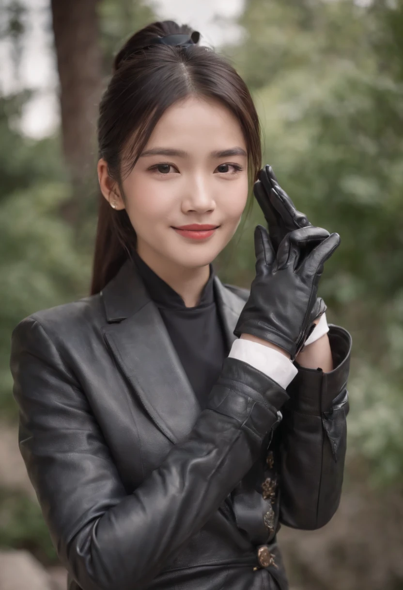 lack leather gloves in both hands, blazer and ribbon uniform, black hair ponytail, upper body, conversation with a smile with a black smartphone, cute Japanese girl (black leather gloves covering both hands) traveling alone